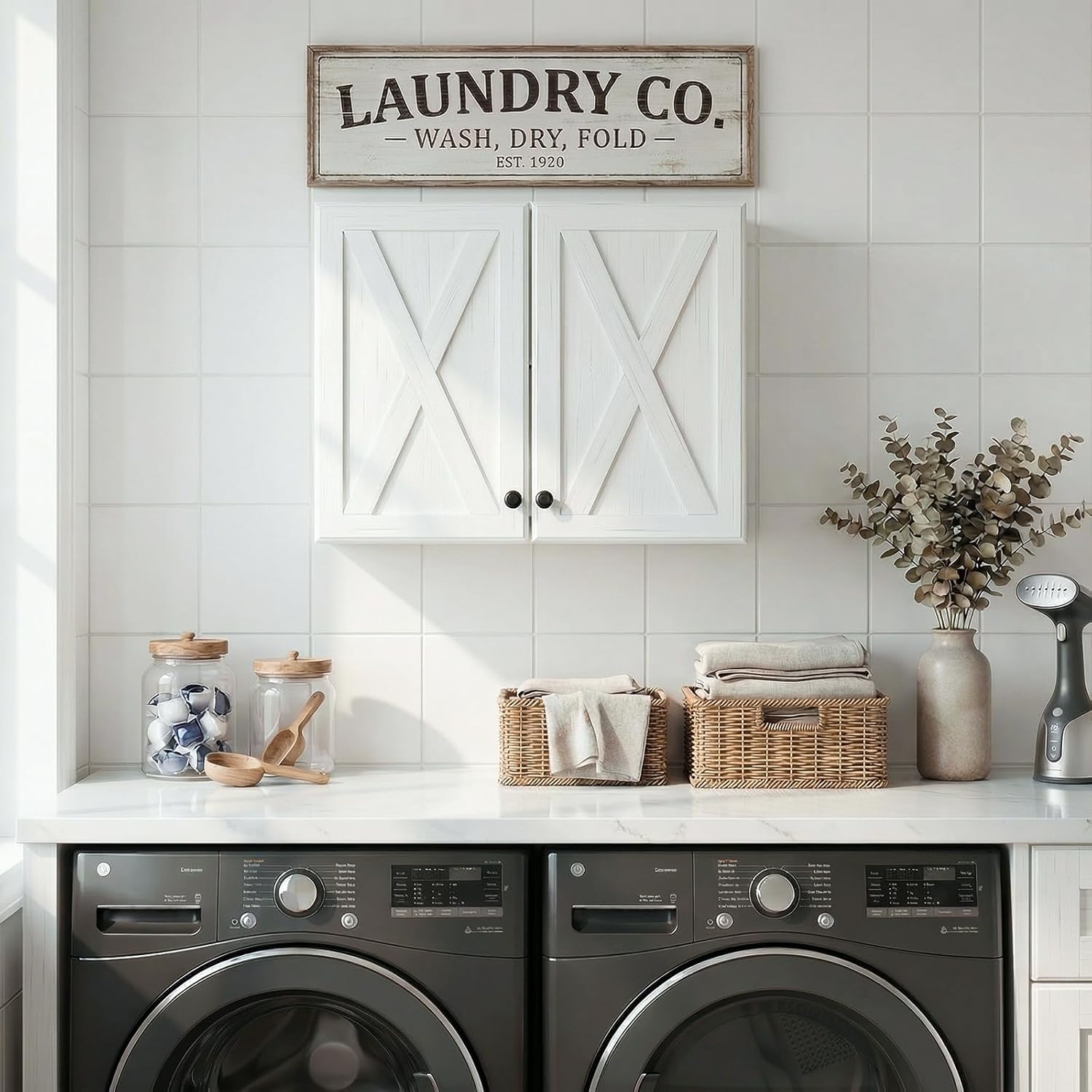 NEWOWNDS Farmhouse Kitchen Cabinets Wall Mounted,Laundry Wall Cabinets,Wall Cabinet Storage with Adjustable Shelves for Laundry, Bathroom,Garage,Kitchen