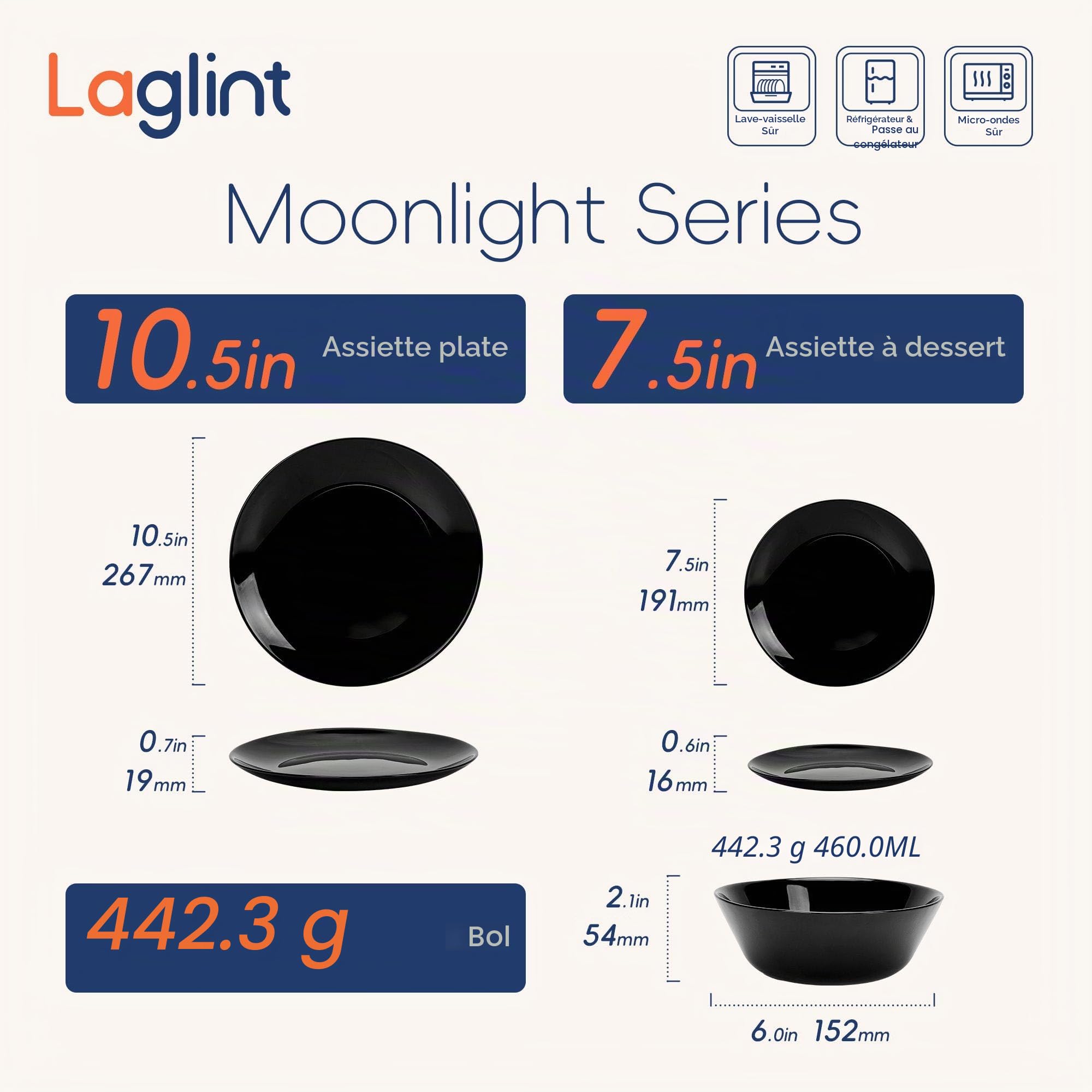 LaGlint Service de table pour 6 personnes, 18 pièces - Assiettes et bols en verre opale, adapté au lave-vaisselle et micro-ondes, résistant aux chocs et éraflures, noir