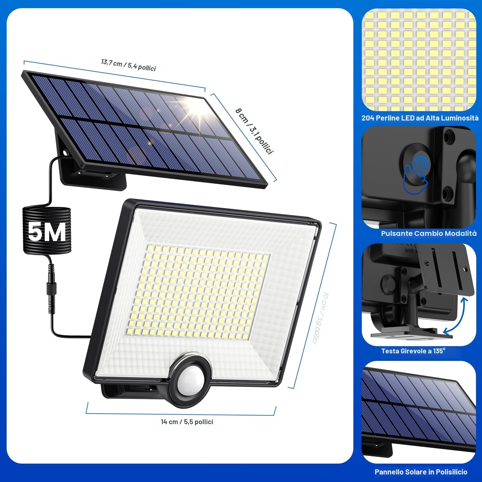 Pxwaxpy 4 Pezzi-Luce Solare LED Esterno [204LED] Lampada Solare da Esterno con Sensore di Movimento, IP65 Impermeabile Farette Solare a LED da Esterno con Cavo di 5M Pannello Solare Indipendente
