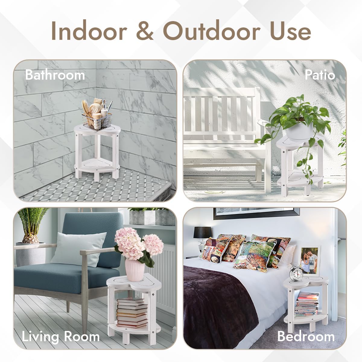 Corner Shower Stool for Inside Shower - Waterproof Corner Shower Bench, HDPE Plastic Bathroom Bench, Adjustable Height Corner Chair for Shaving Legs,Storage Shelf,Non-Slip Feet，White