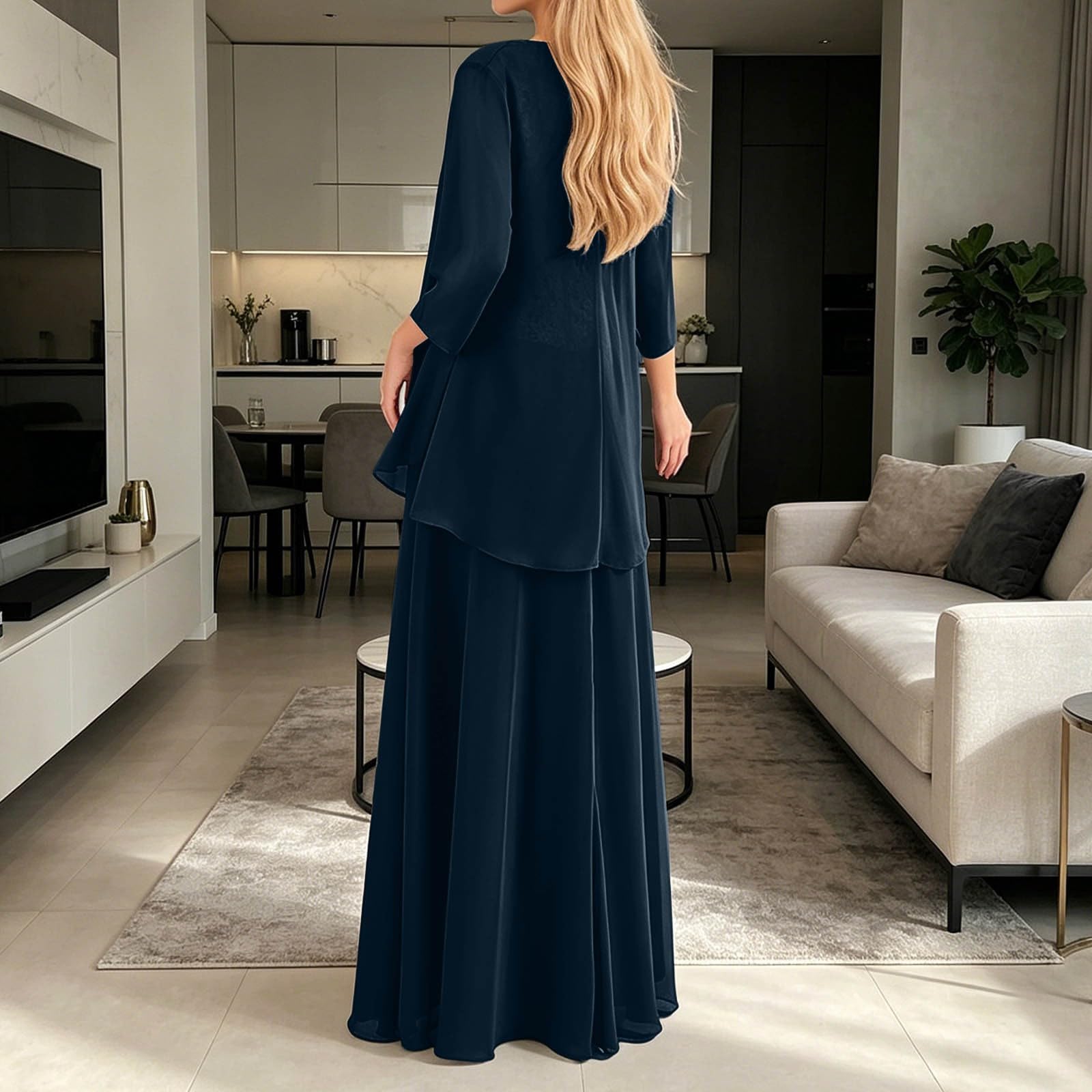Generisch Tuta da donna, 3 pezzi, con pantaloni, abito da ballo, elegante abito per il tempo libero, top in pizzo, cardigan a maniche lunghe e pantaloni in chiffon, abito da sposa per matrimonio