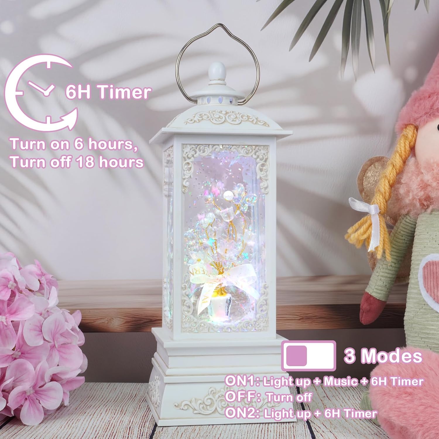 Crystal Butterfly & Flower Snow Globe Lantern with Music & 6H Timer, Spring Snow Globe RGB Lights with Swirling Glitter, USB & 3AA Battery Operated Glitter Globe Lamp, Gifts for Women Home Decoration