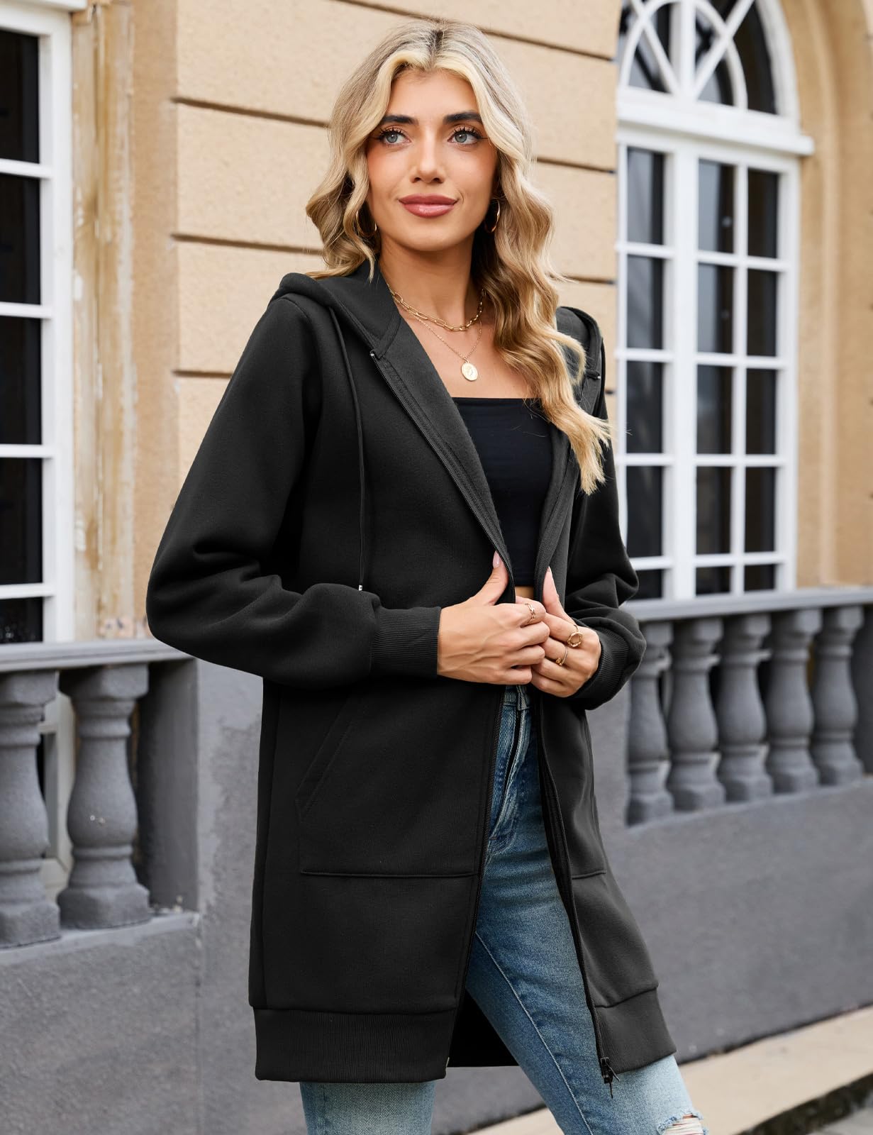 Tuopuda Veste à Capuche Femme Longue Sweat à Capuche Zippée en Polaire Grandes Tailles Hoodies Sweatshirt