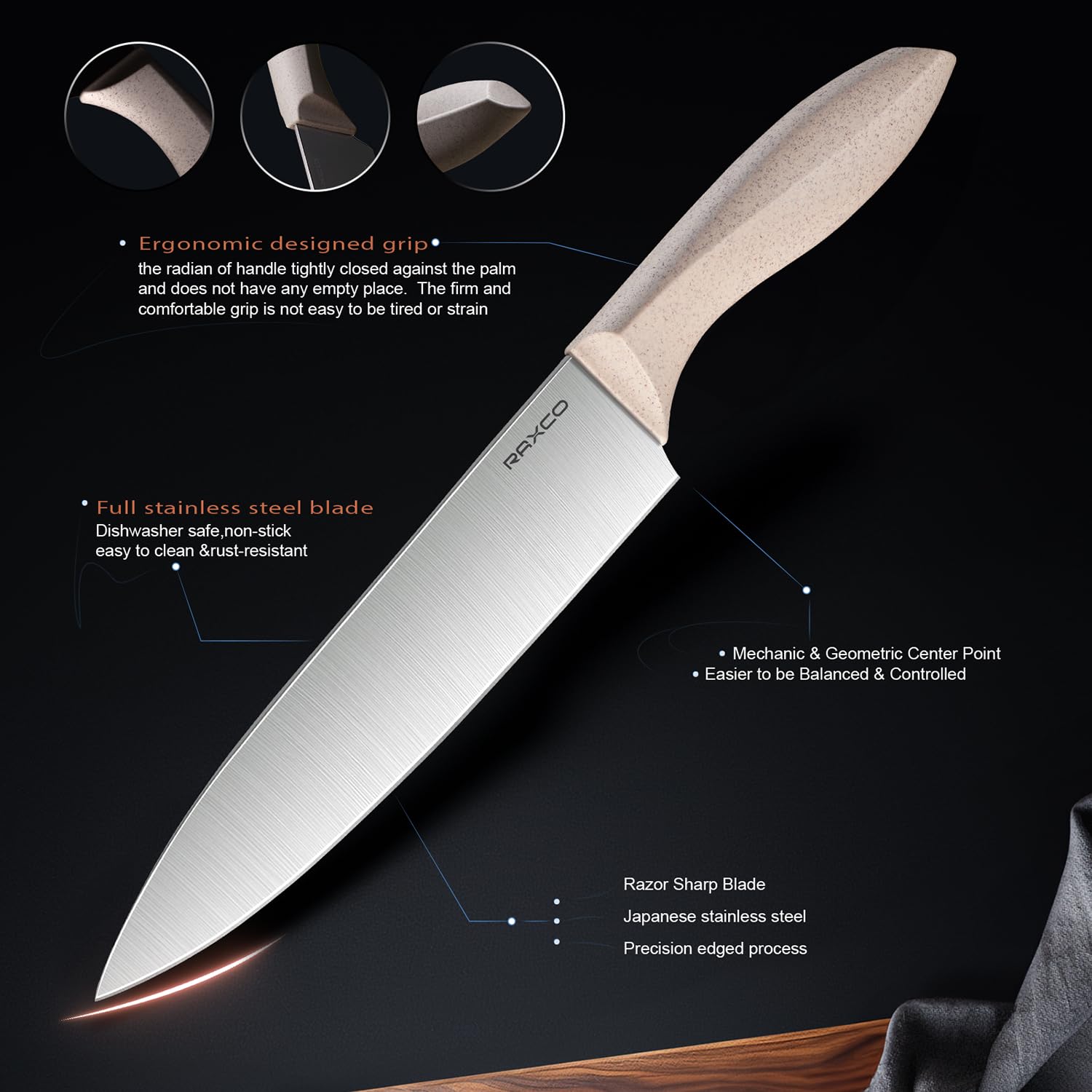 RAXCO Set di coltelli da cucina con blocco, 18 pezzi di utensili da cucina con 5 coltelli e 7 spatole in silicone (Giallo Paglia)