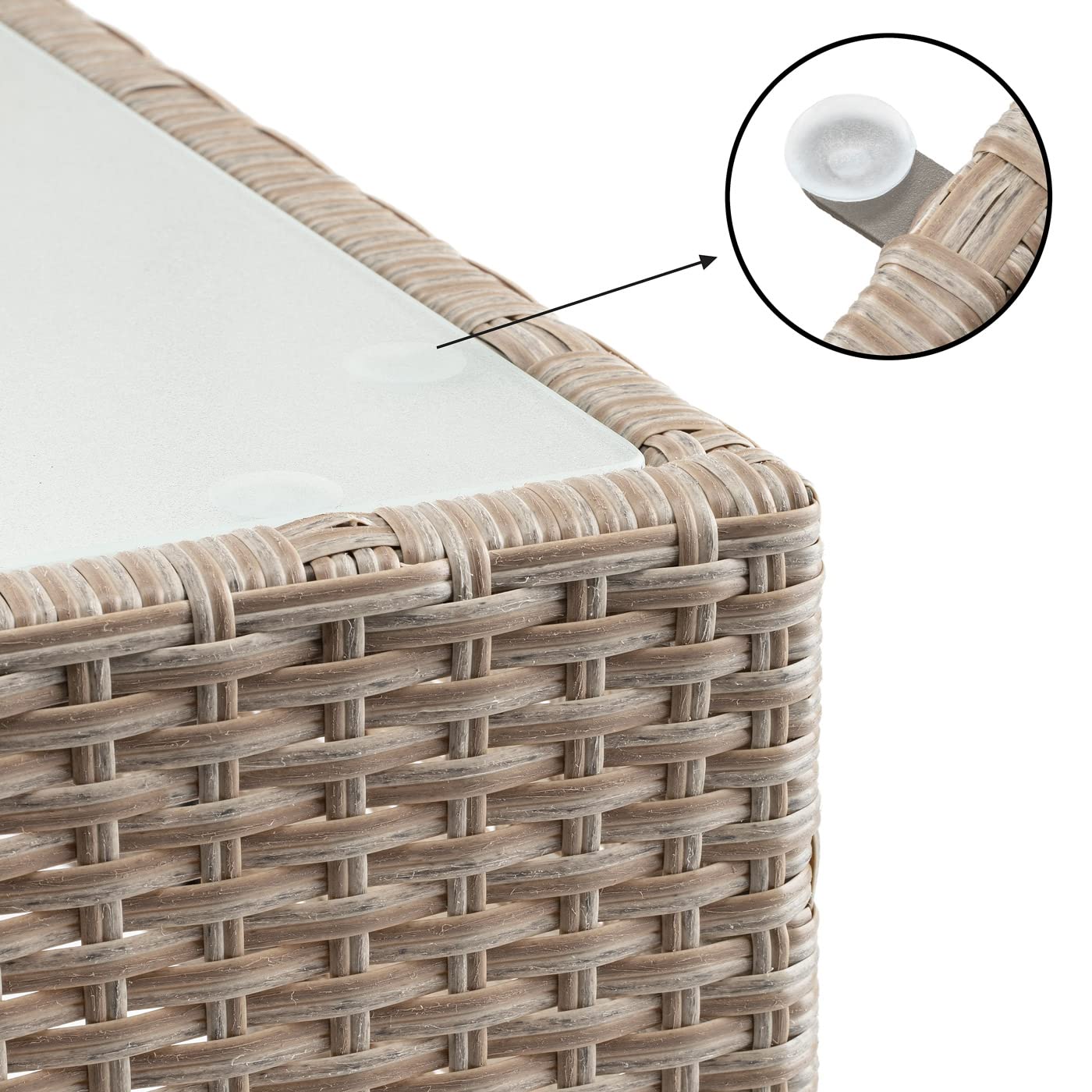 CASARIA® Mesita de Centro Poliratán 58x58x42cm Carga hasta 80Kg Mesa Auxiliar Jardín Ajustable en Altura Tablero Vidrio Resistente Intemperie Crema