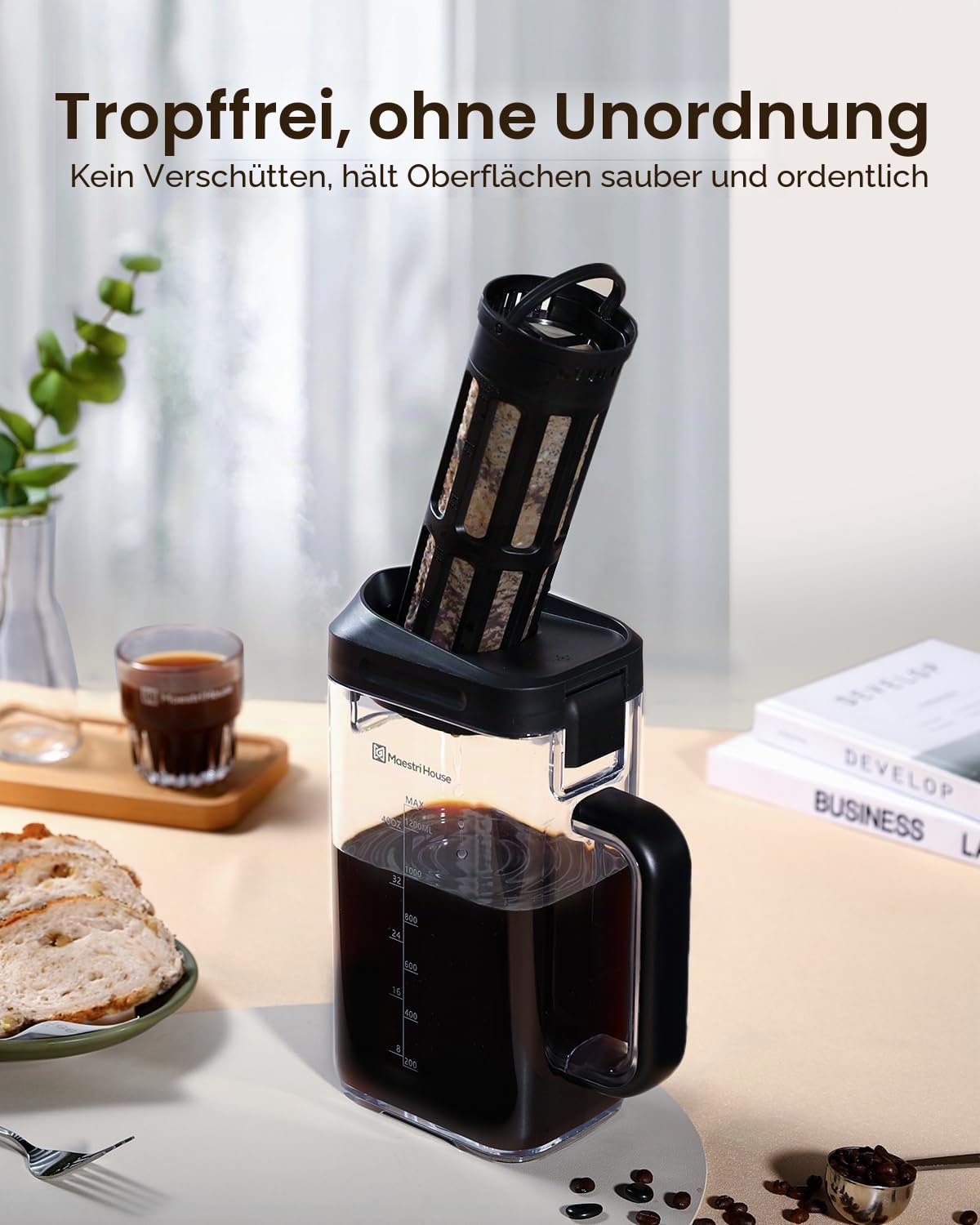 Maestri House Kompakte Kaltgebrüh-Kaffeemaschine, 1,2L Cold Brew Coffee Maker, platzsparender Tritan-Krug, 350 Mesh-Filter, 100% auslaufsicher, Schwarz