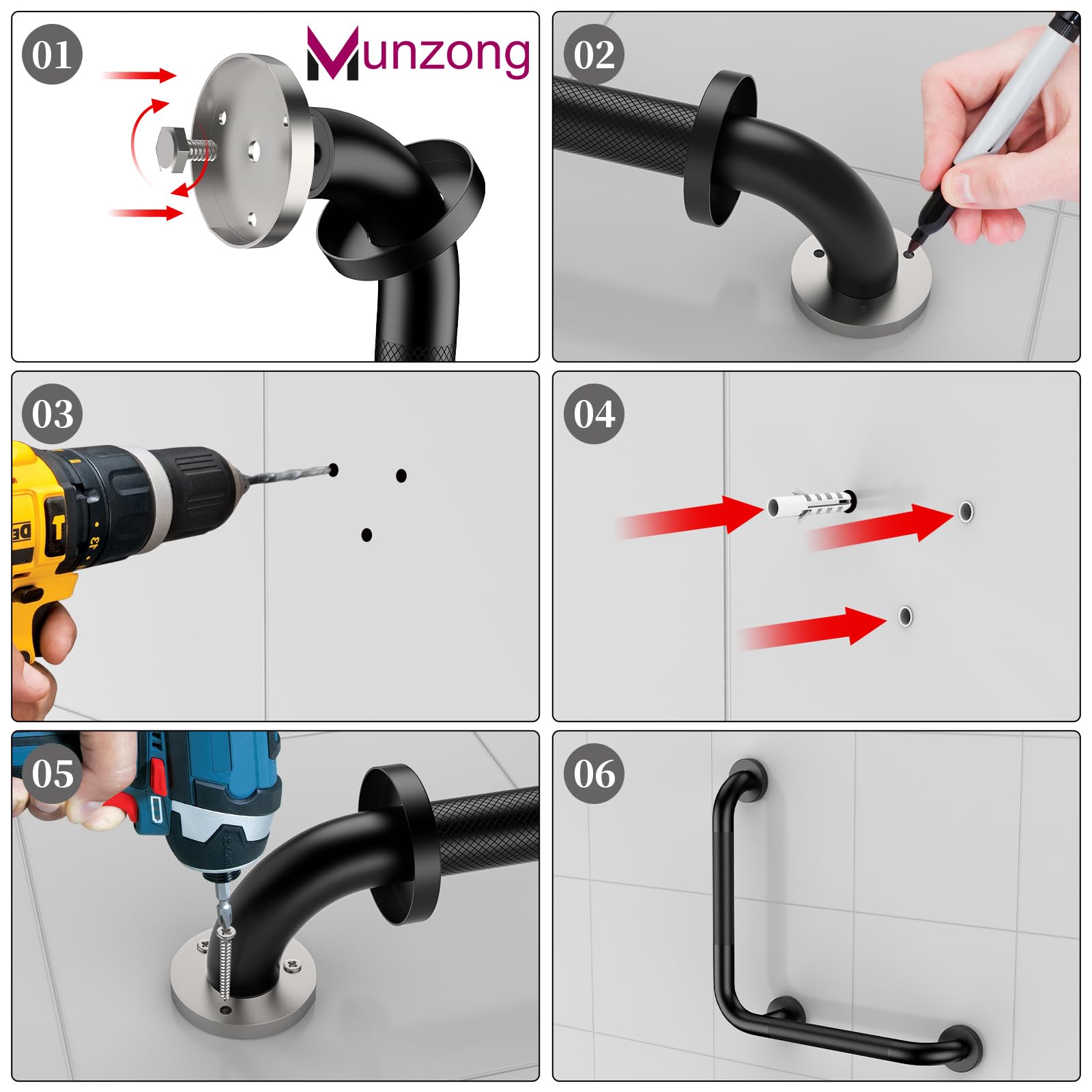 Munzong - Maniglia per doccia a forma di L, 40,6 cm, colore: nero | Anti maniglia zigrinata di sicurezza dell'acciaio inossidabile di Bathroon di slittamento, sostegno anziano di lesione