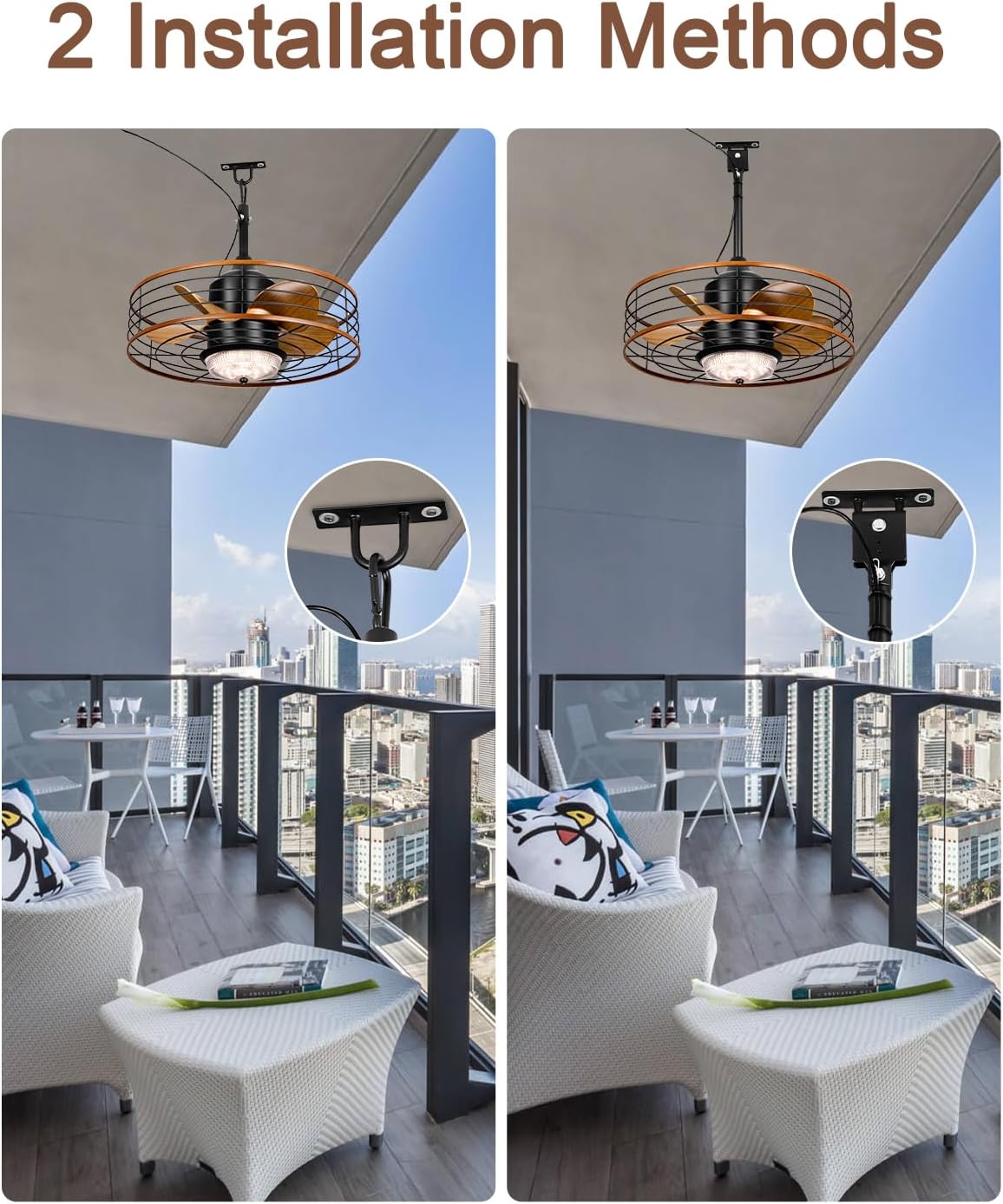 20" Outdoor Ceiling Fan with Lights and Remote Control, Black Gazebo Ceiling Fans 6 Speeds, Portable Hanging Waterproof Caged Ceiling Fan with Dimmable LED Lights for Gazebo, Patios