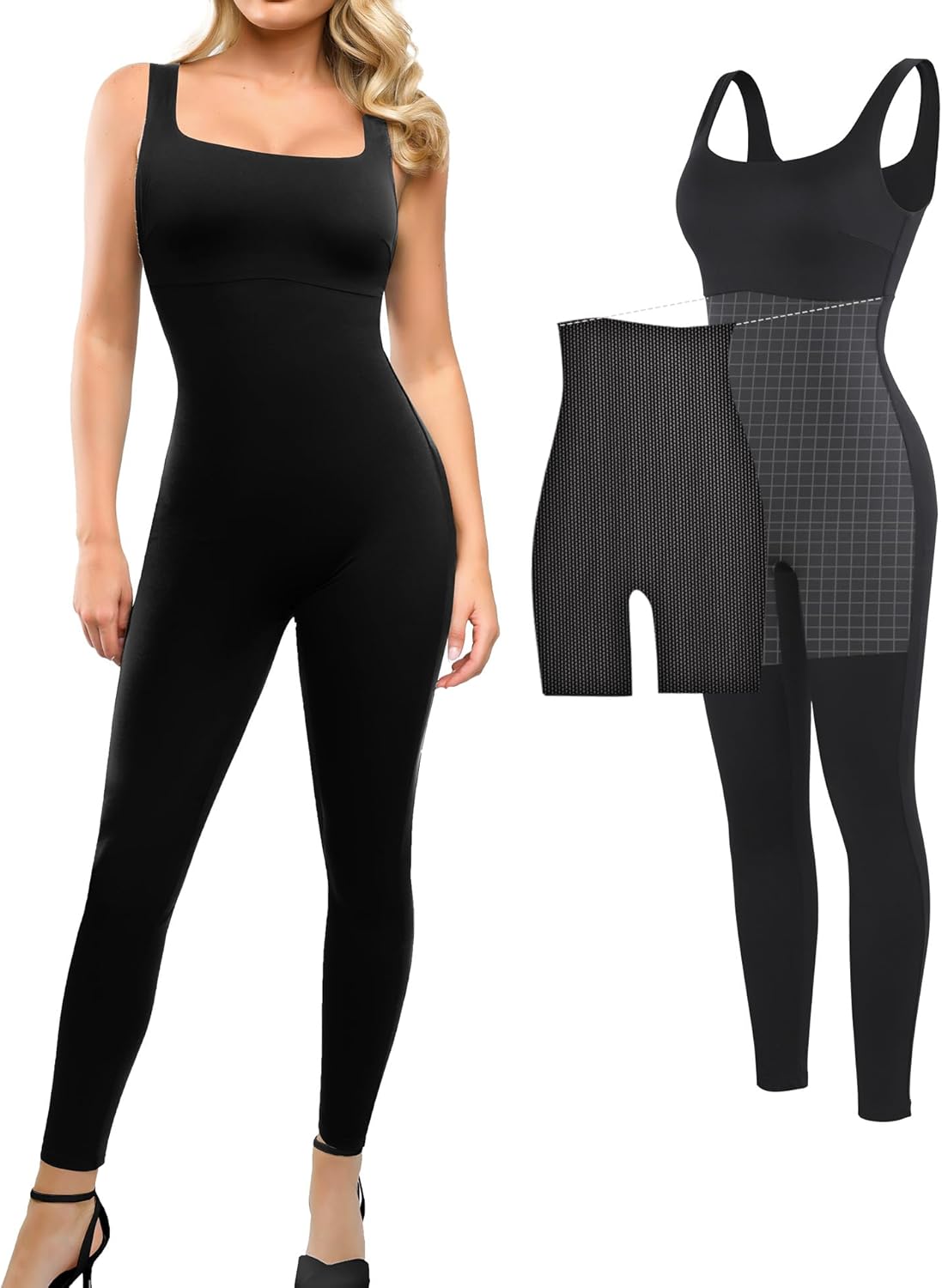 Popilush Jumpsuits for Women Built In Shapewear Tummy Control Bodysuit Body Shaper Square Neck Sports Romper