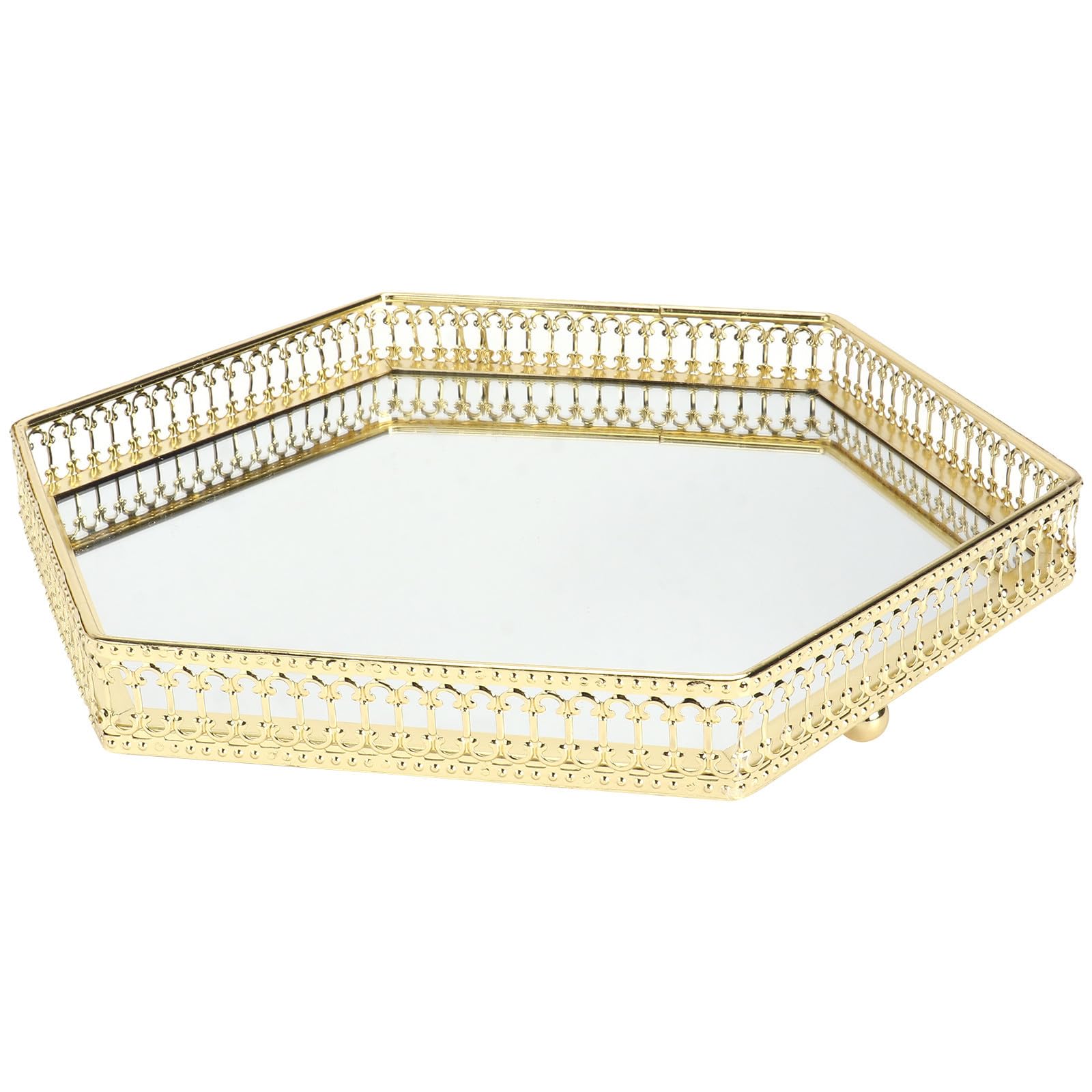 Plateau miroir doré hexagonal en fer et verre pour bijoux et maquillage