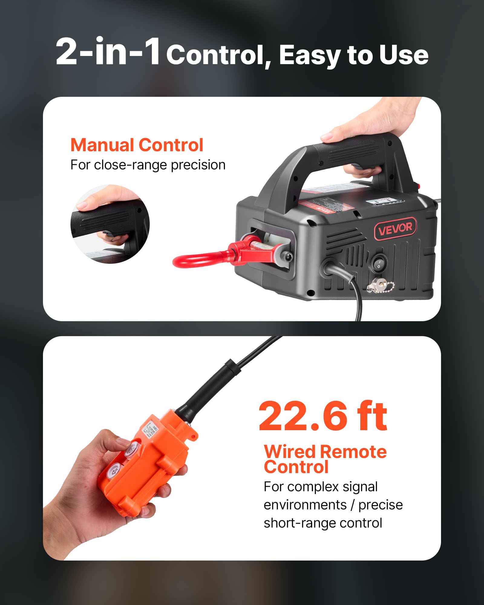 VEVOR Cabrestante Eléctrico 2 en 1, Capacidad de 500 kg, 1500 W, Altura de Elevación de 7,6 m, Velocidad de 5 m/min con Control Manual y Remoto por Cable, para Fábricas, Almacenes y Talleres