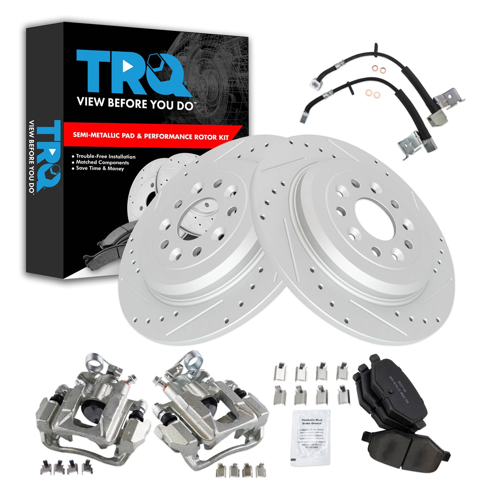 TRQ Performance Rear Brake Pad and Rotor Set Semi Metallic Slotted Drilled Calipers Hoses Compatible with 2011 Ford Explorer