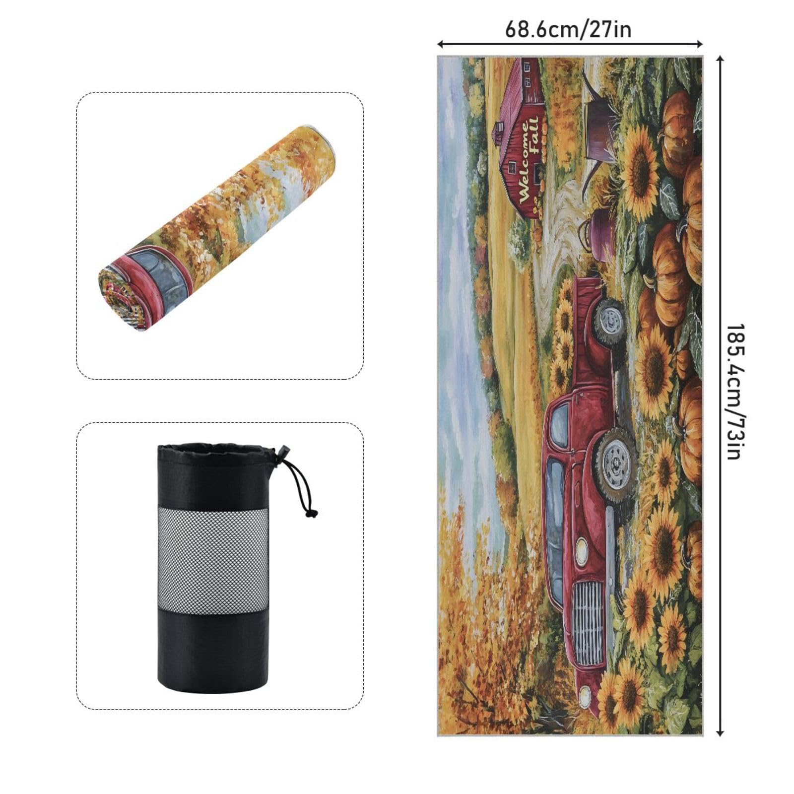 pnyoin Yoga Towel Farm Sunflowers and Car Hot Yoga Mat Towel with Grip Dots Sweat Absorbent Non-Slip for Hot Yoga, 24