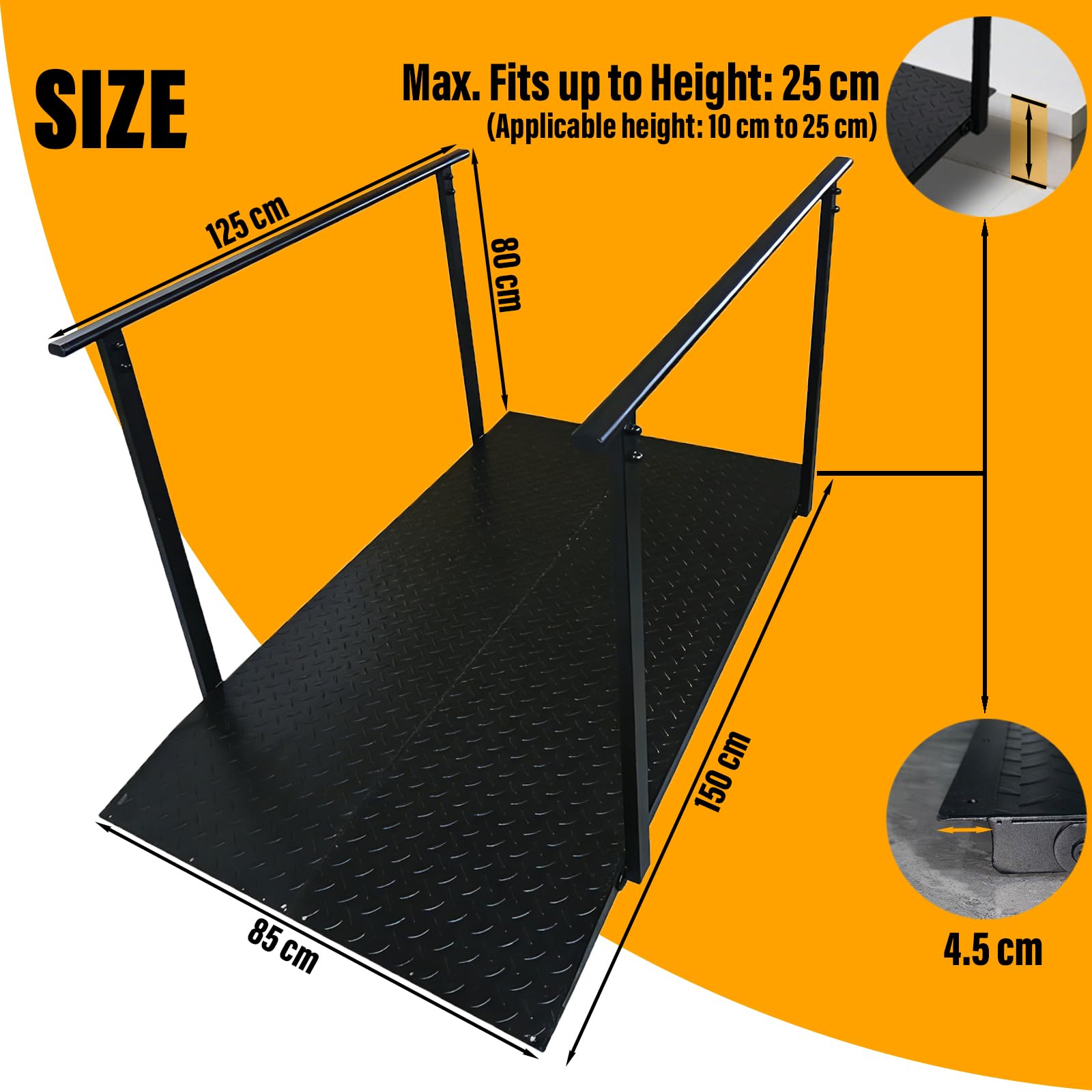 150cm Rampa per Sedia a Rotelle con Corrimano, 454kg Portata Rampa Disabili, 80cm Extra Larga Rampe Antiscivolo per Gradini, Scale, Soglie e Porte (Nero, 150CM)