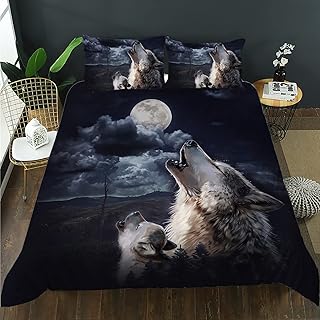 AILONEN Wolf Duvet Cover Set King Size for Boys Adults, Wolf Father and Son Howling Bedding Set- Evening Outdoors Wild Animals Comforter Cover 3 Piece Set, 1 Quilt Cover and 2 Pillowcases