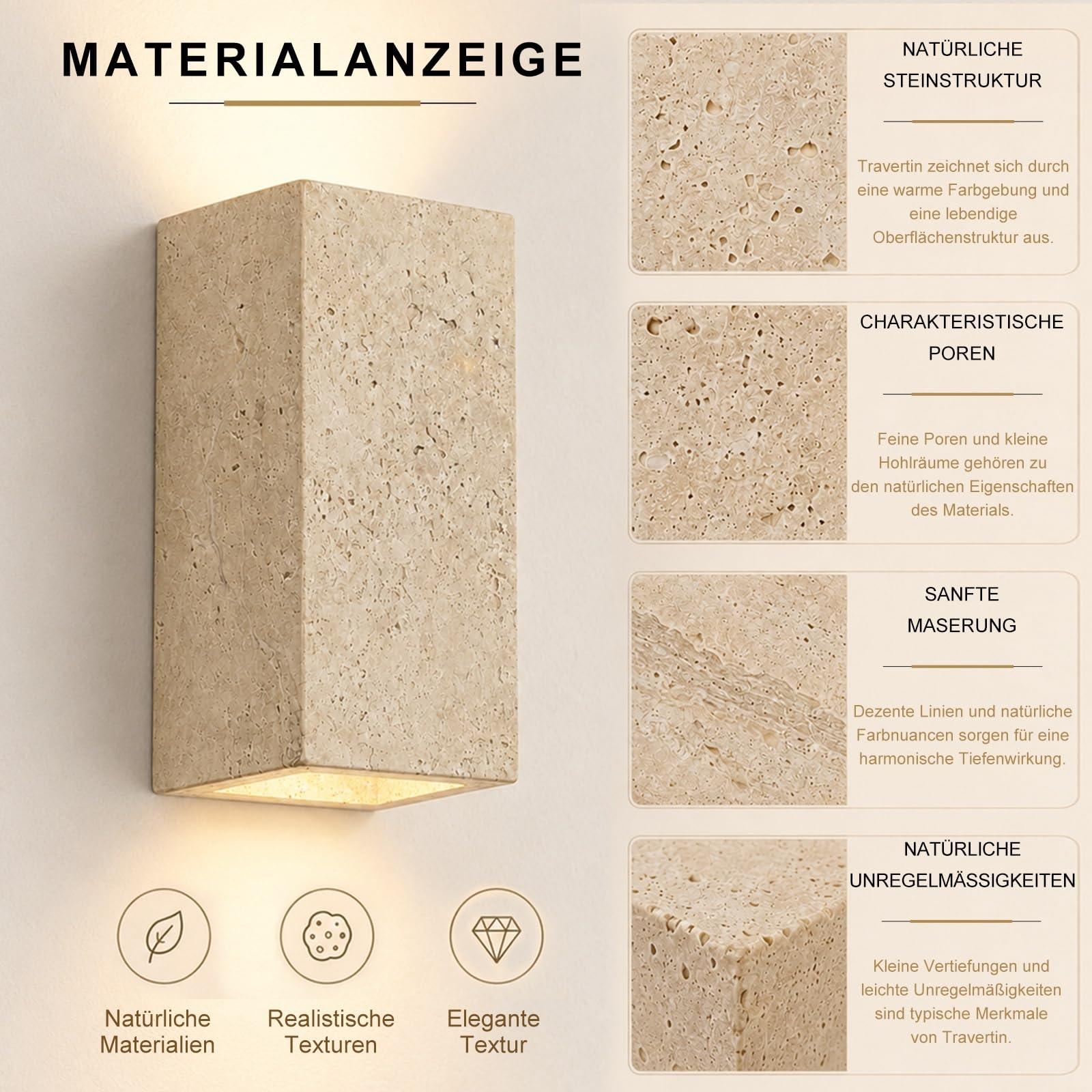 Pack 2 Apliques de pared travertino for exterior iluminación arriba y abajo | Lámpara de pared de piedra natural 3000K 9W LED Lámpara de pared de mármol impermeable for porche, jardín y pasillo(8x18cm)