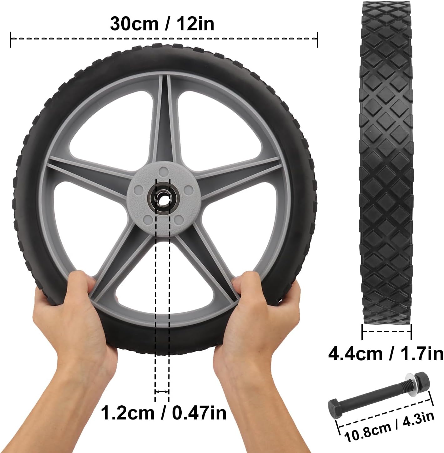 2 Pack Spoked Plastic Wheel and Plastic Tire, 12 x 1.75 Inch Heavy Duty wheel and Axle Kits for Carts – Ideal Wheels Replacement for Lawn Mowers, Carts, Bikes, and More