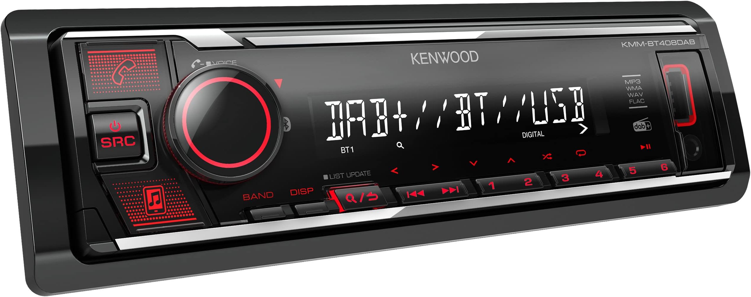 KMM-BT408DAB USB Car Radio with DAB+ and Bluetooth Hands-Free Kit (Sound Processor, USB, AUX, 1 x Pre-Out 2.5 V, 4 x 50 Watt, Button Lighting, Red, Includes DAB+ Antenna)