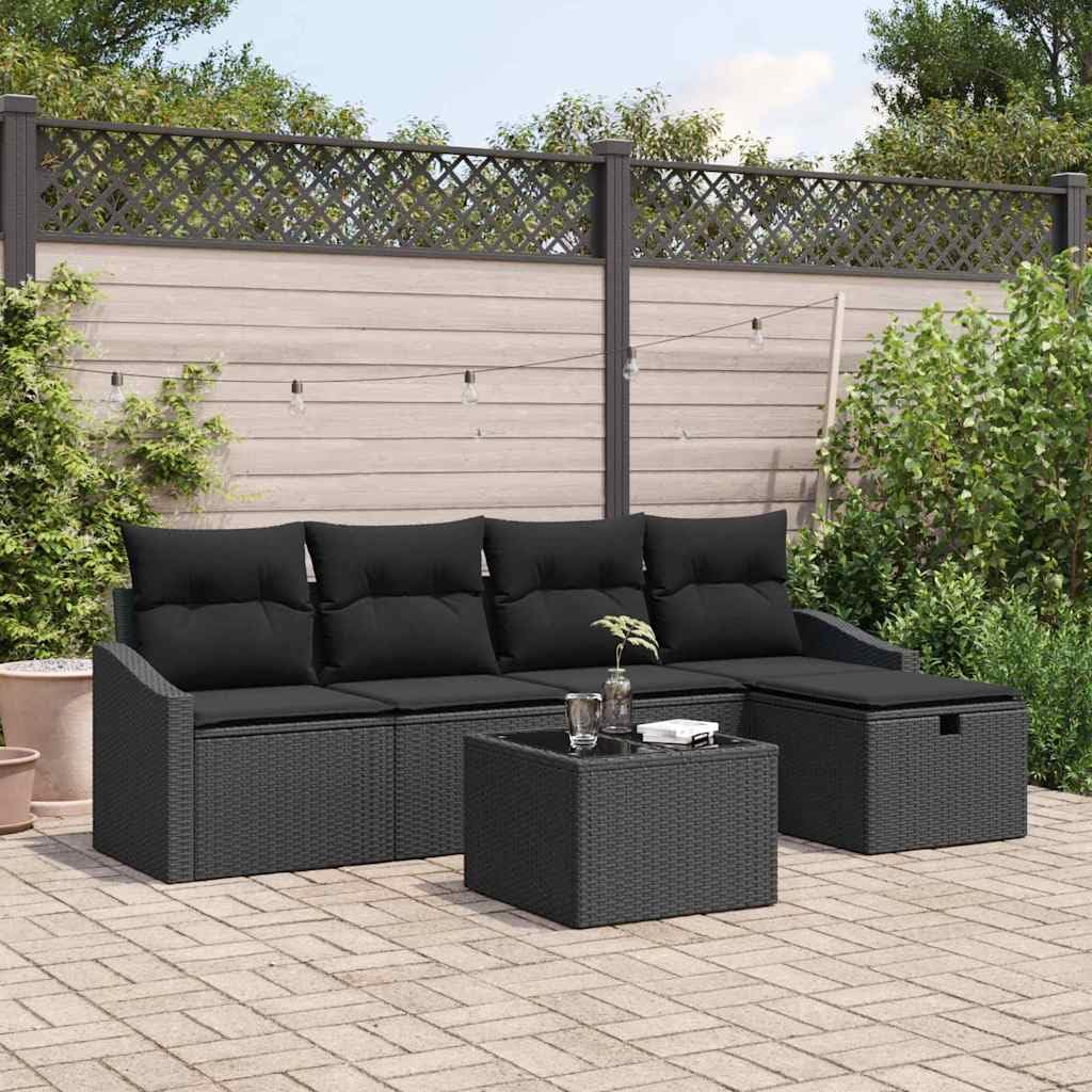 Ensemble de canapés de Jardin modulable en polyrotin Noir 6 pièces, Salon extérieur avec Coussins à Fermeture éclair, Cadre Acier revêtu, rangements intégrés pour terrasse et Balcon