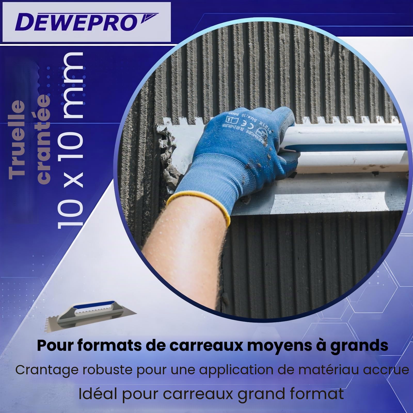 DEWEPRO® Platoir Suisse - Truelle Lisseuse Suisse - Platoir à Enduit - Truelle de Lissage - Acier Inoxydable 480x130mm – Denté : 10 x 10 mm - Manche de Haute Qualité à 3 Composants