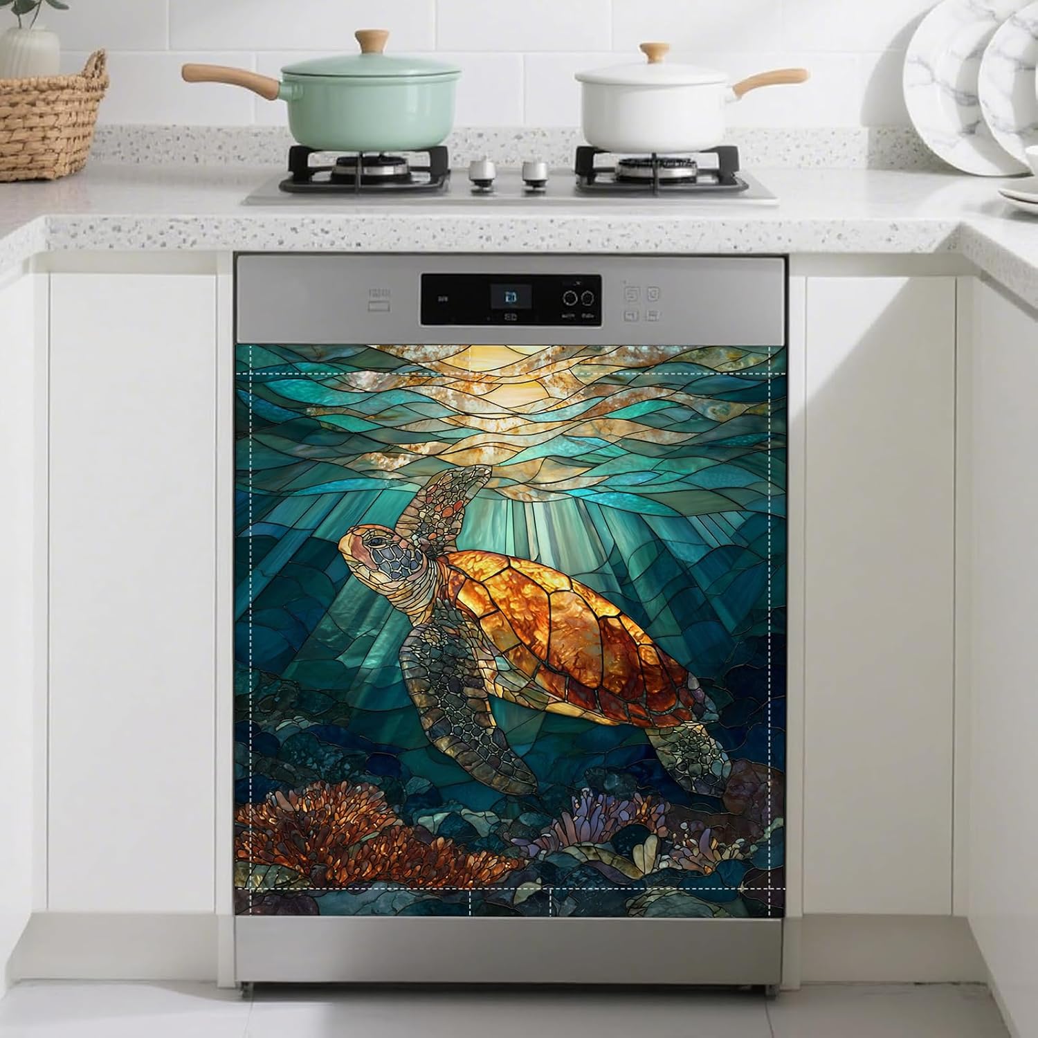 Sea Turtle Dishwasher Magnet Cover Front Dishwasher Sticker Reusable Waterproof Removable Refrigerator Magnet Cover for Home Kitchen Appliance 23x26 Inch
