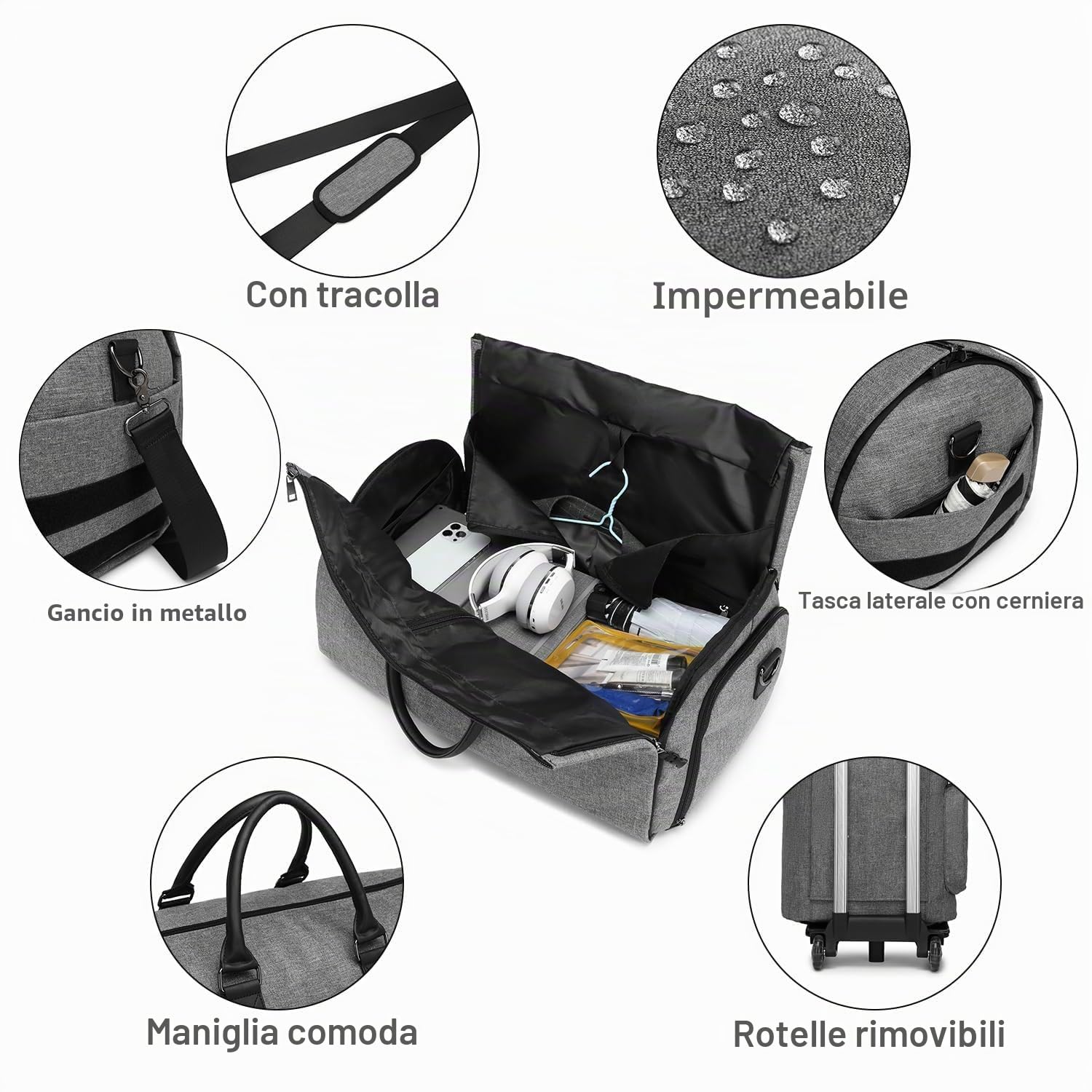 Borse per indumenti, borsa per indumenti con ruote, borsa per indumenti da viaggio con scomparto per scarpe, borsone con ruote