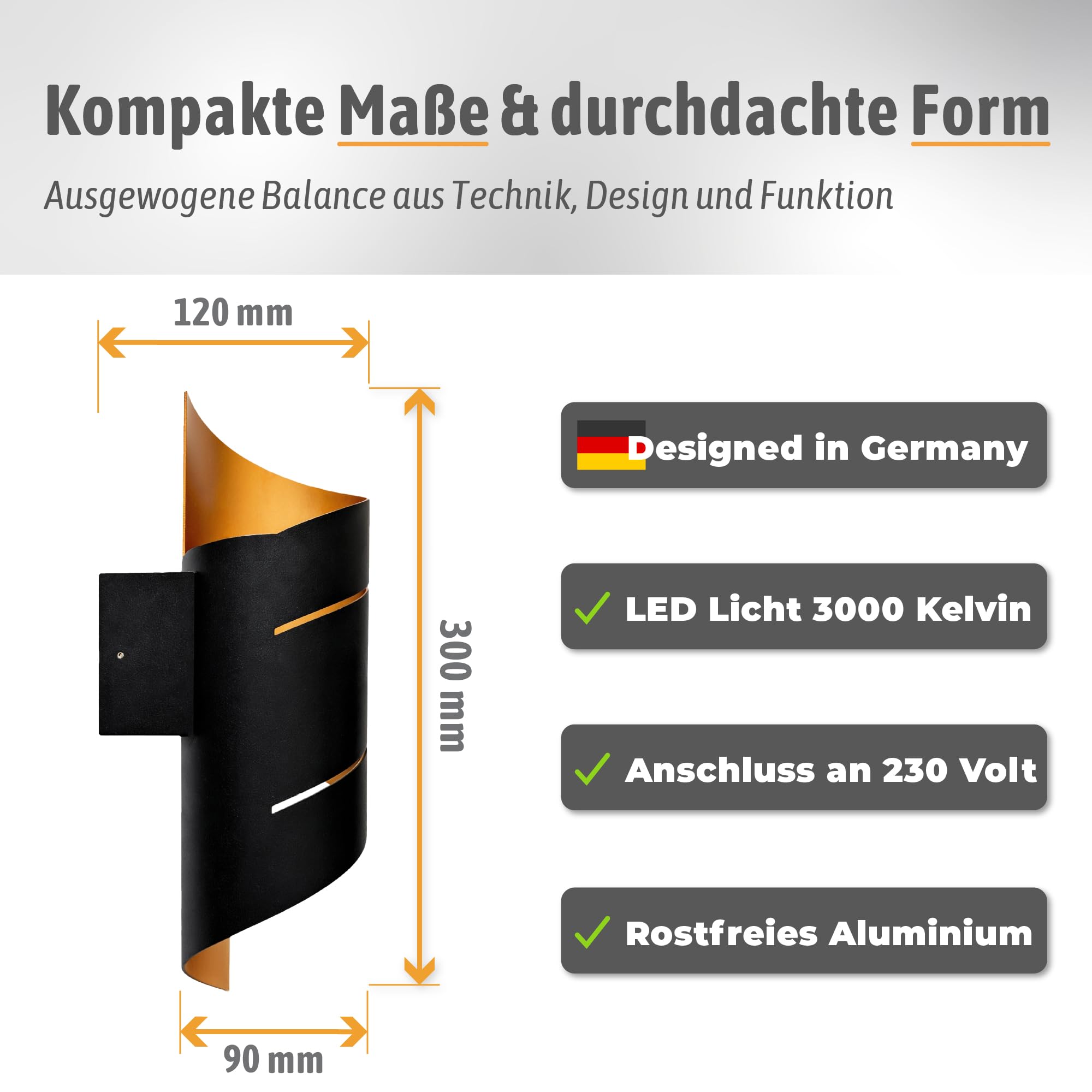 SSC-LUXon REVIA Wandleuchte schwarz-gold 30cm Up & Down warmweiß IP65 | Wandleuchte schwarz-gold mit Spiral-Design - warmweißes Up-Down-Licht, für Innen & Außen, Hauswand, Treppenhaus & Flur, IP65
