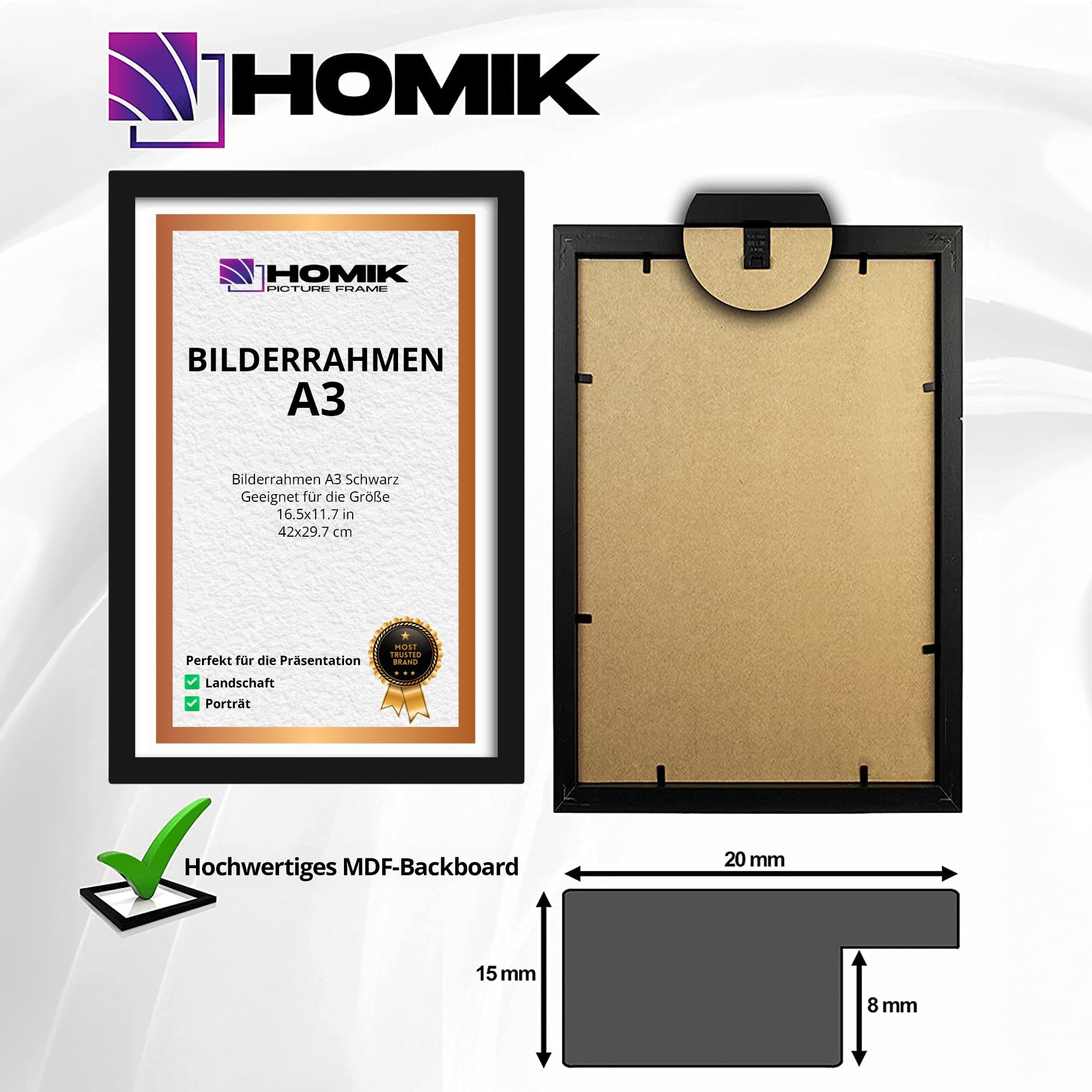 Bilderrahmen A3 | 7x Rahmen A3 mit Acryl-Sicherheitsglas Glas Bilderrahmen din A3 – Heimdekoration Bilderrahmen Schwarz | Ideal zum Verschenken und zum Aufhängen an der Wand