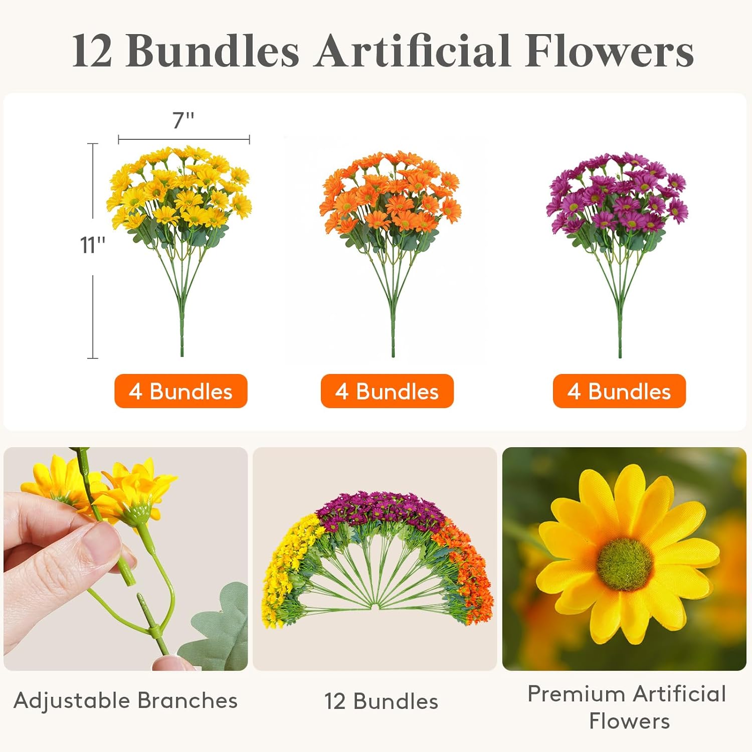 Lifewit Artificial Flowers Daisy for Outdoor Indoor, 12 Bundles Plastic Fake Flowers Mums for Home Garden Decor, Porch, Window Box, Faux Realistic Plants with UV Resistant(Mix for Yellow Orange Red)