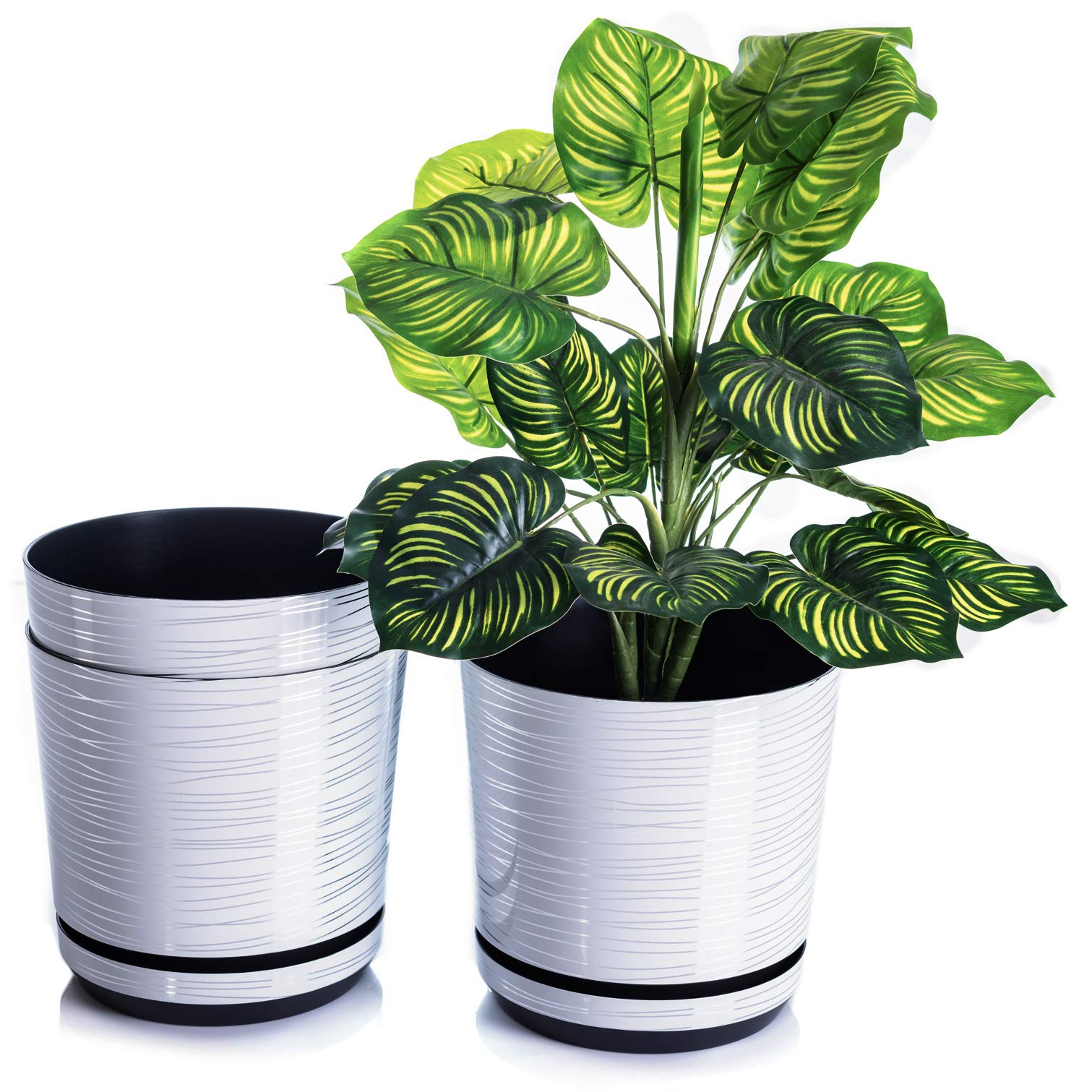 KORAD Set of 3 White Plant Pots with Stripes 26 cm Decorative Planters in Size 26 cm for Flowers, Herbs, Plant Compositions OSL 26/171 x3