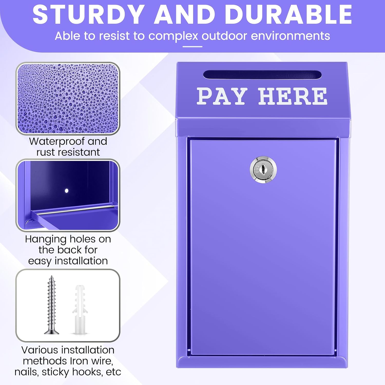 Yaocom Safe Cash Box Money Collection Metal Donation Box with Lock Wall Mount Pre Drilled Mailbox Delivery Ballot for Home Office Outdoor Self Serve Stand (Purple,10.2 x 5.7 x 2.8 Inch)