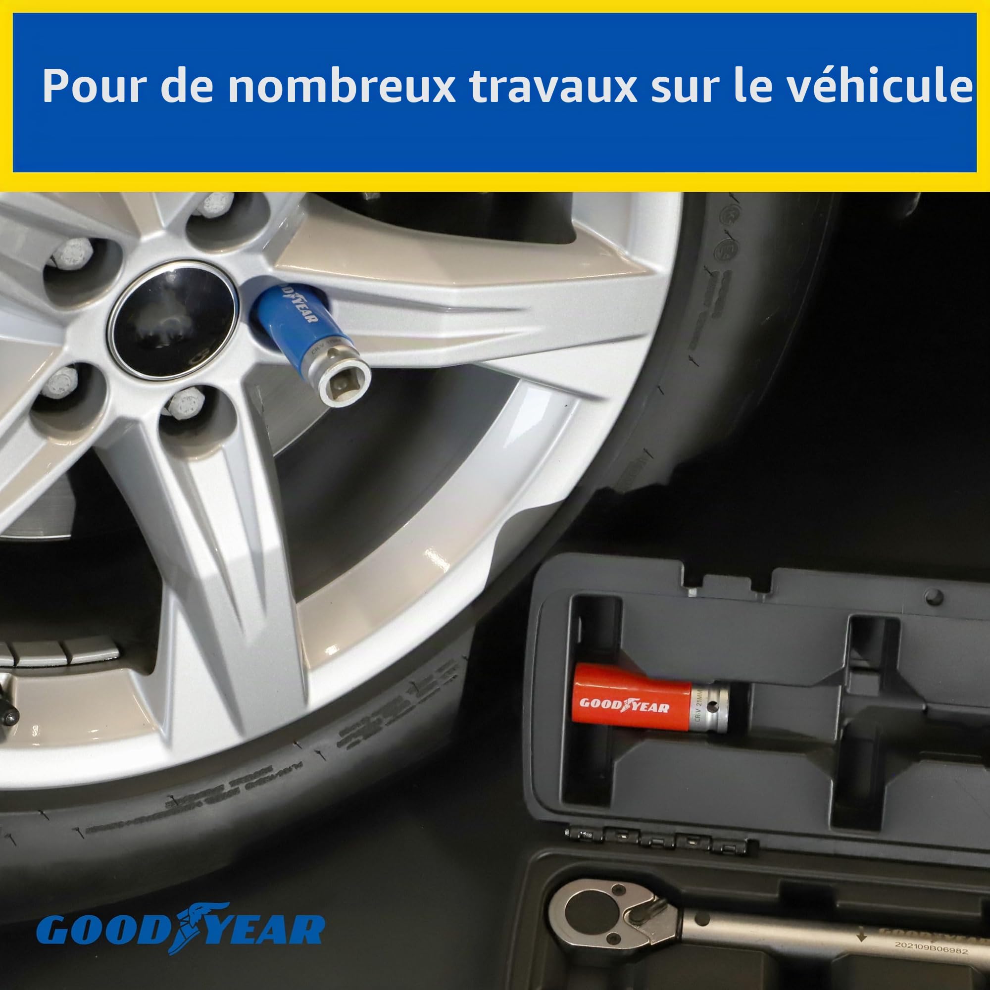 Goodyear Kit de changement de roue, 6 pièces, clé dynamométrique + cliquet réversible + 3 pièces jeu de douilles + rallonge, boîte, Noir