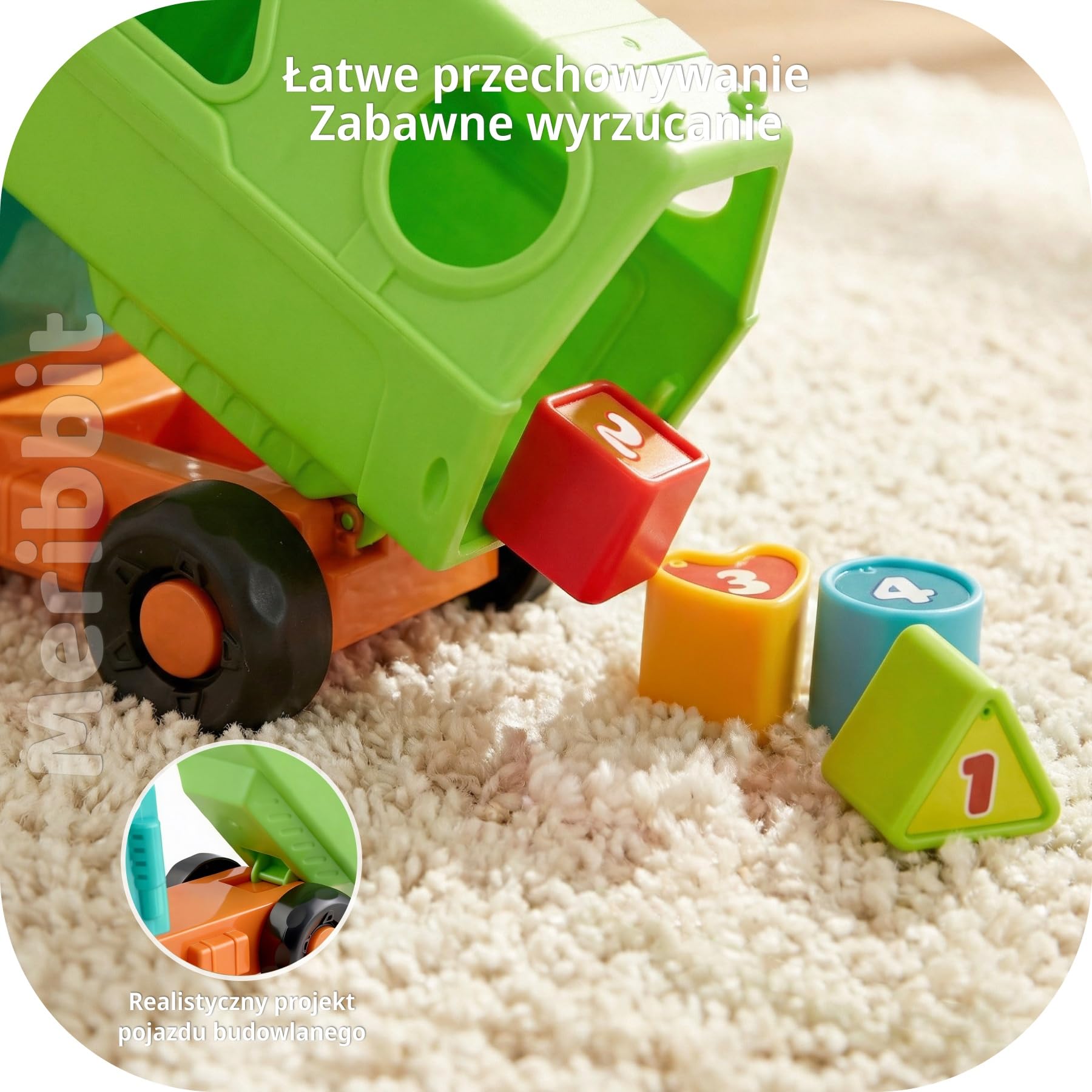Montessori Zabawka Ciężarówka Wywrotka dla Dzieci 1-3 Lat, Pojazd Sensoryczny z Światłami i Dźwiękami, Sortowanie Kształtów, Zabawka do Ciągnięcia dla Chłopców i Dziewczynek, Edukacyjne