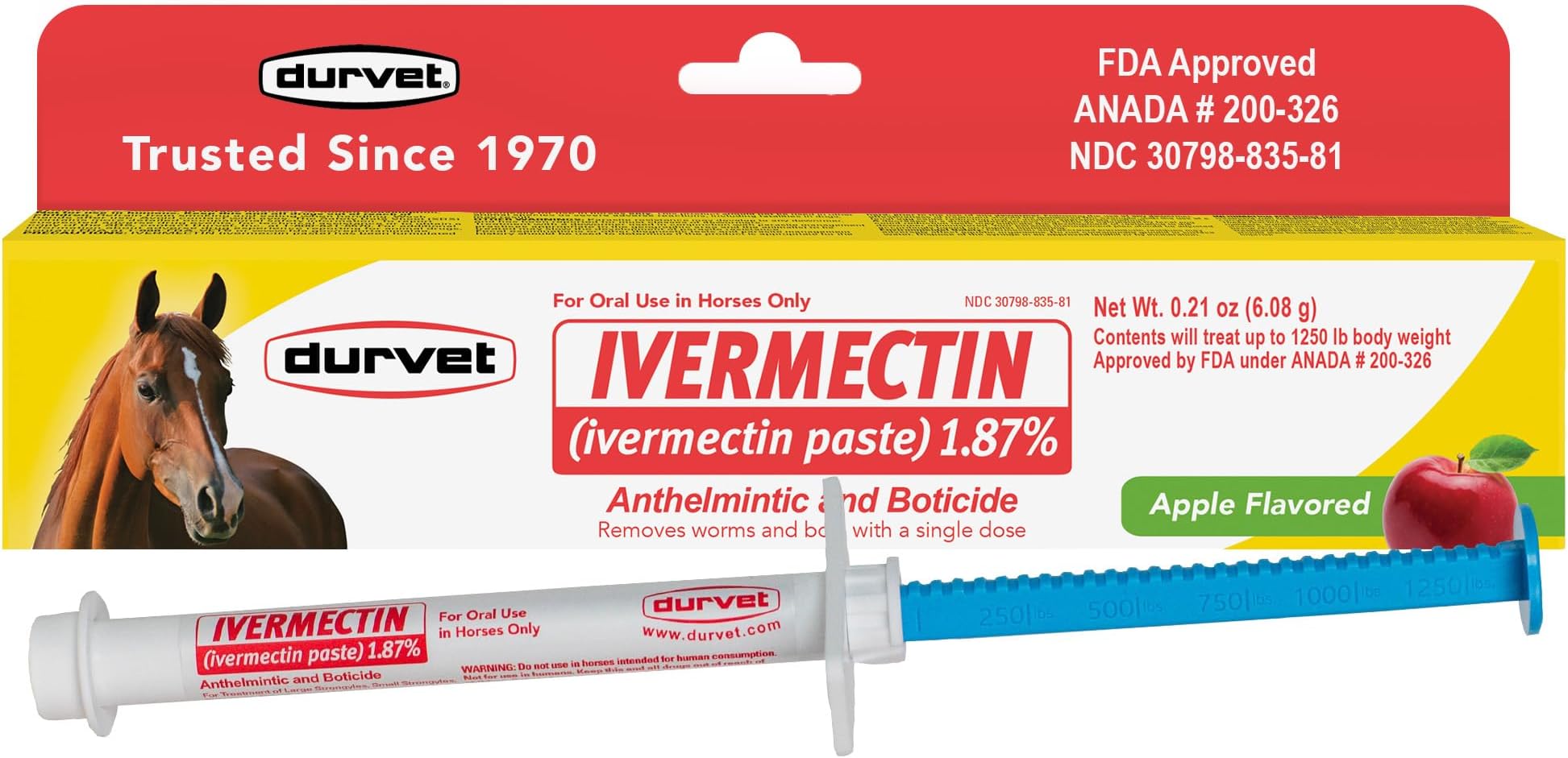 Ivermectin Paste 1.87% Horse Dewormer - Apple Flavored Oral Syringe 6.08g Tube