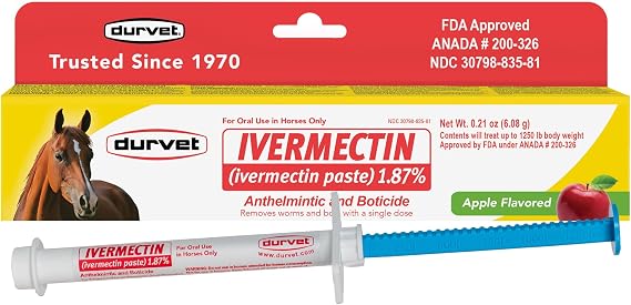 Ivermectin Paste 1.87% Horse Dewormer - Apple Flavored Oral Syringe 6.08g Tube