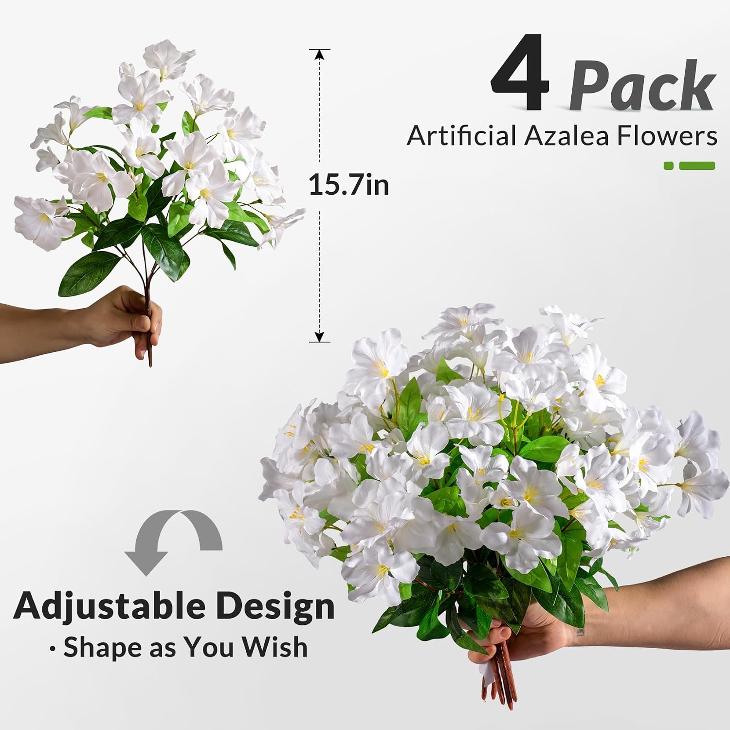 Artificial Azalea Flowers for Outdoors 4 Bundles Fake Silk Azalea Bouquet Faux Flower Plants Realistic Fake Flowers for Planter Front Door Patio Garden Box Balcony Walkway Home Decor (White)