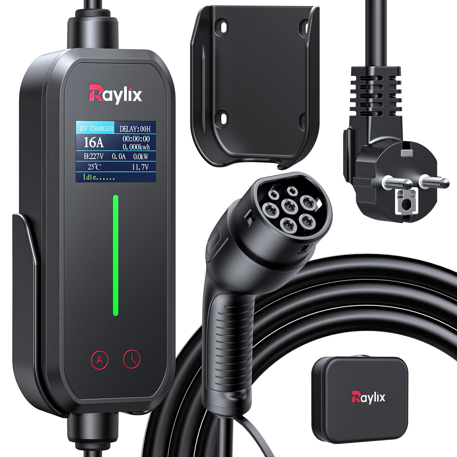 Raylix 2026 Neu 11kW Mobile Wallbox Typ 2 Ladekabel (5m 6A-16A 3-Phasig) mit Stromzähler & Einstellbarem Strom & Verzögertem Laden, Ladekabel CEE 16A auf Typ 2 und Ladestation Ladeziegel EV Charger