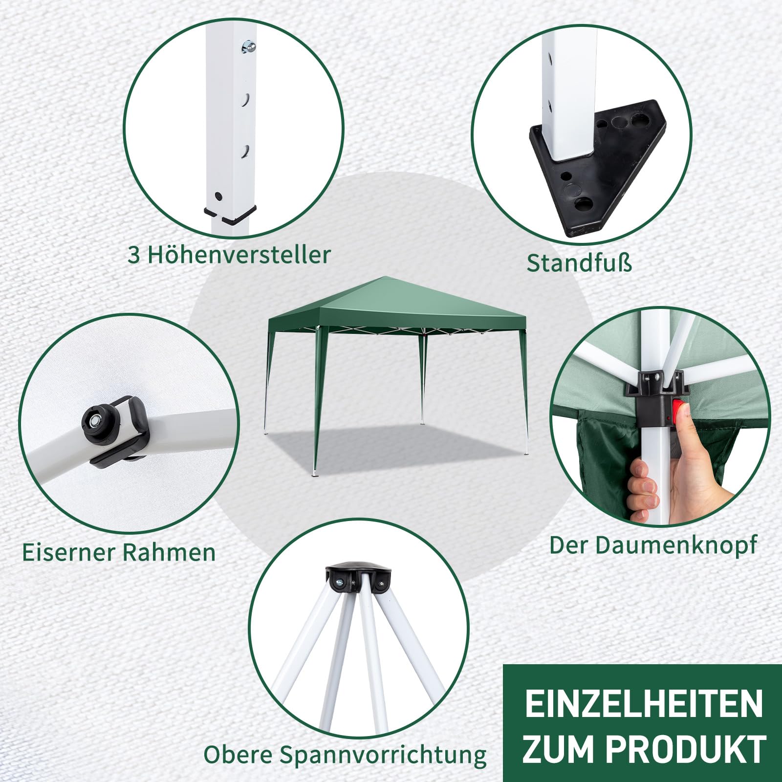 LEADZM Pavillon 3x3m,Pop-up Faltpavillon,Stabil,Wasserdicht,Stahlrahmen,Höhenverstellbar,UV Schutz 50+,Gartenzelt,Partyzelt,für Garten,Party,Camping,Grün