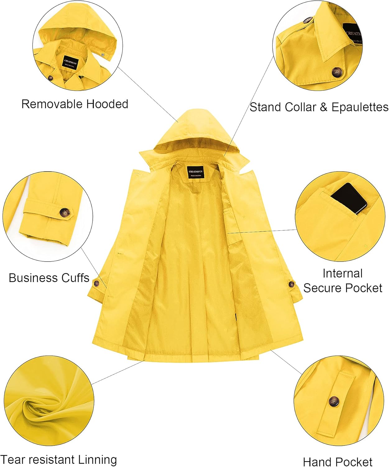 CREATMO US Women's Trench Coat Double-Breasted Classic Lapel Overcoat Belted Slim Outerwear Coat with Detachable Hood - Image 5