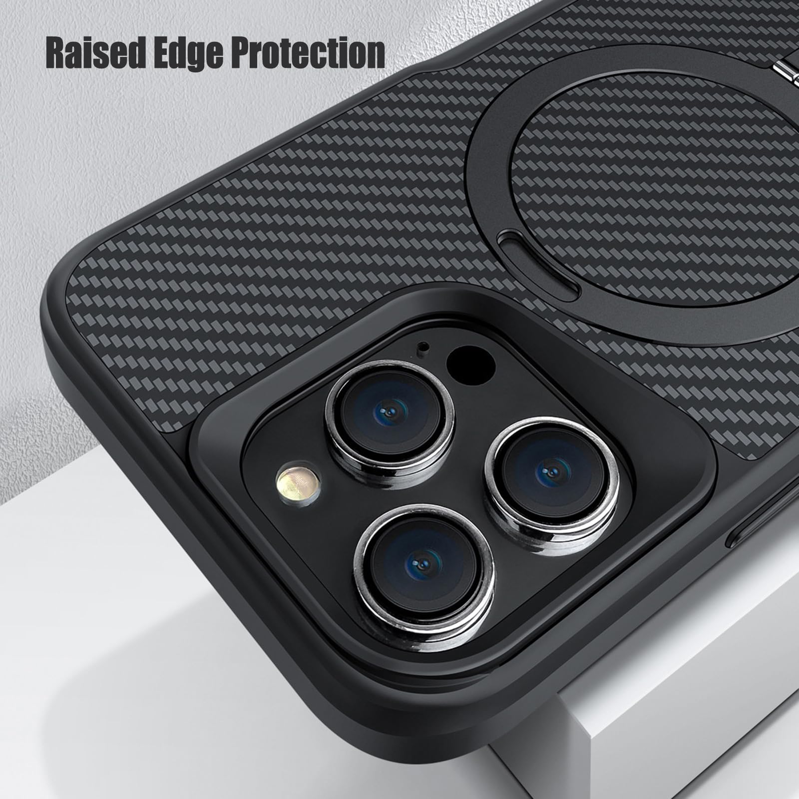 Hülle für iPhone 16/16 Plus/16 Pro/16 Pro Max, Schlanke Kohlefaser Muster Handyhülle mit Ringhalter, rutschfeste Schutzhülle 16 Pro Schwarz