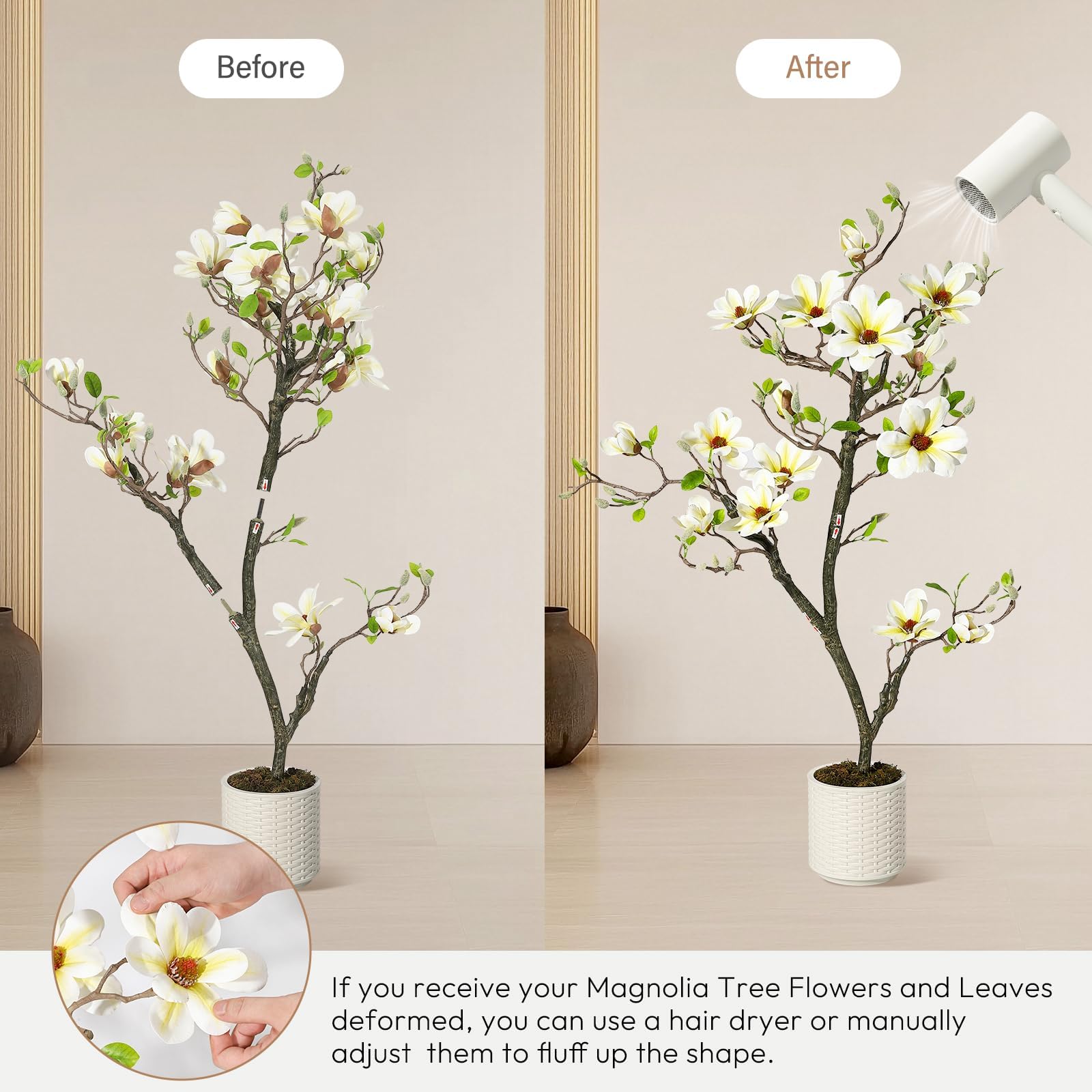 IDEALHOUSE Künstlicher Magnolienbaum im Topf 120 cm - pflegefrei für Indoor/Outdoor - realistische Blüten & grüne Blätter - inkl. weißem Topf mit Moos - Deko Terrasse/Garten/Büro - Farbe: 4FT