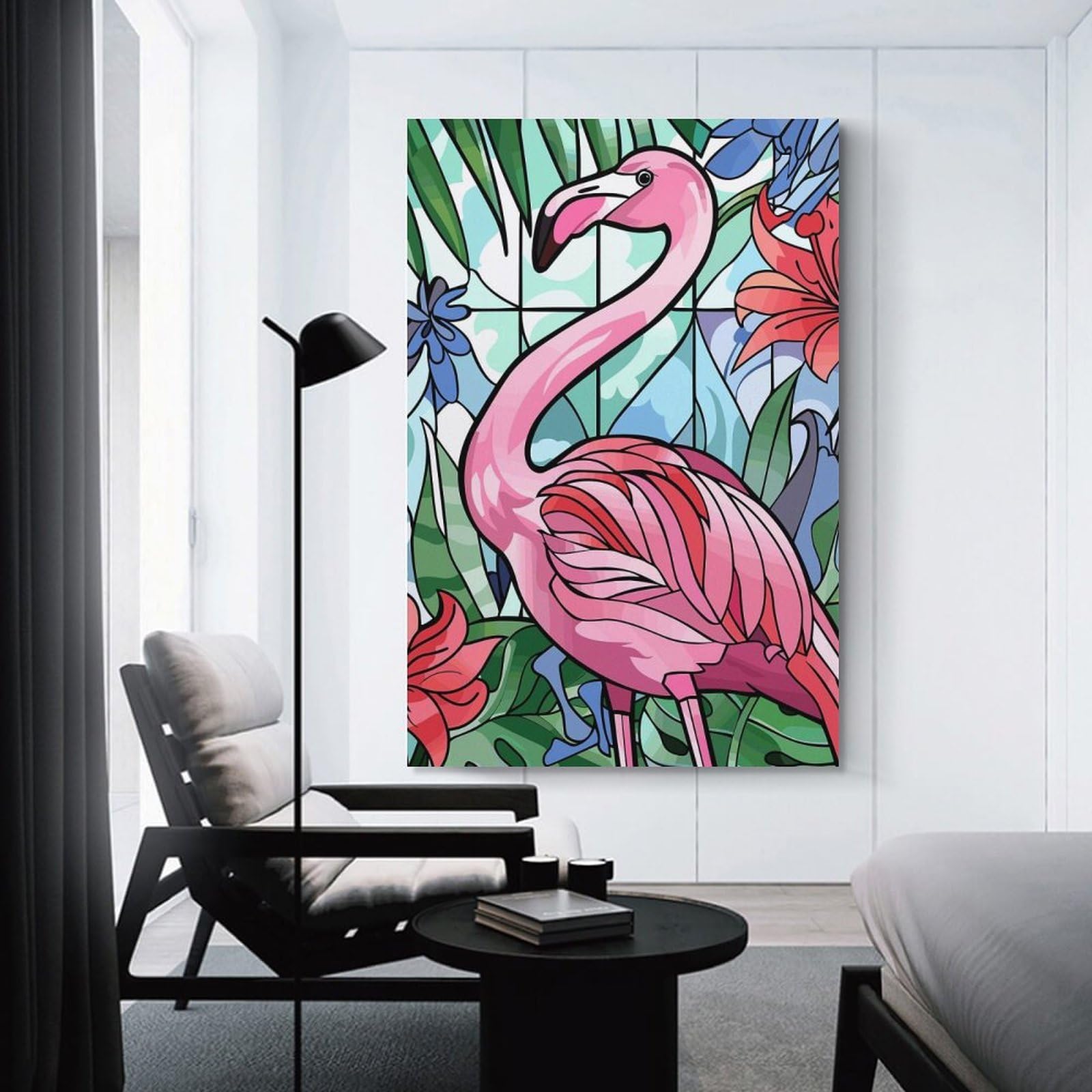 Junmoney Unframe-Style-2 Pink Flamingo In Tropical Floral Setting Home Decor Wall Art, 24X36inch(60X90cm), For Wall Displays, Bedrooms Or Room Updates, Ideal For Building A Coordinated Art Wall