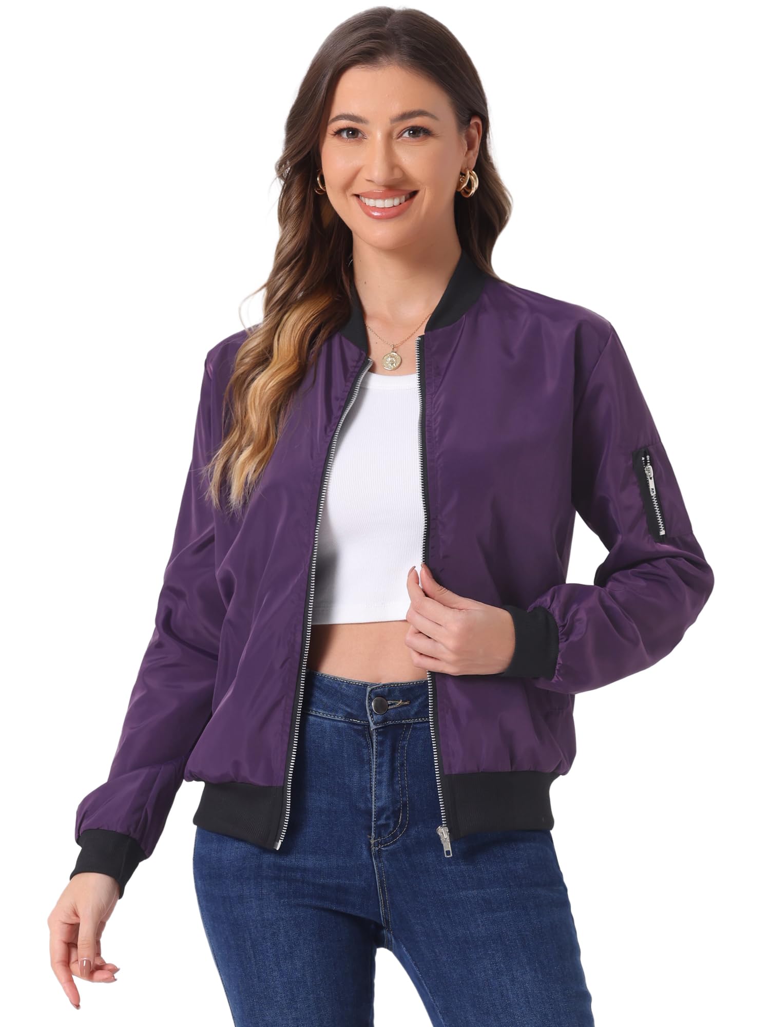 Women's Windbreaker Bomber Jacket Zip Up Fall Casual Outerwear with Pockets