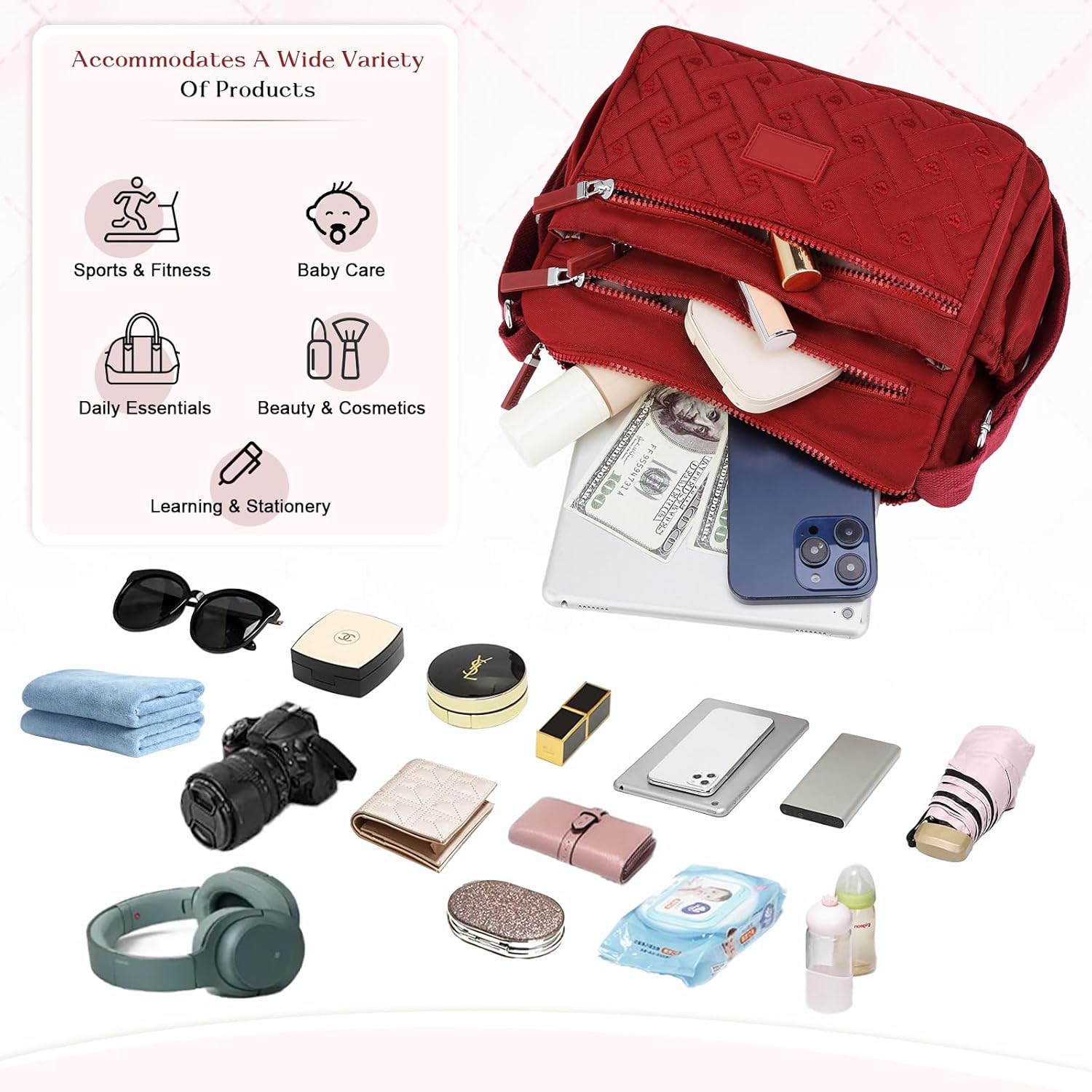 Crossbody Bag for Womens Multi-Pocket Shoulder Handbags Nylon Waterproof Messenger Bag Lightweight Casual Purse - Image 5