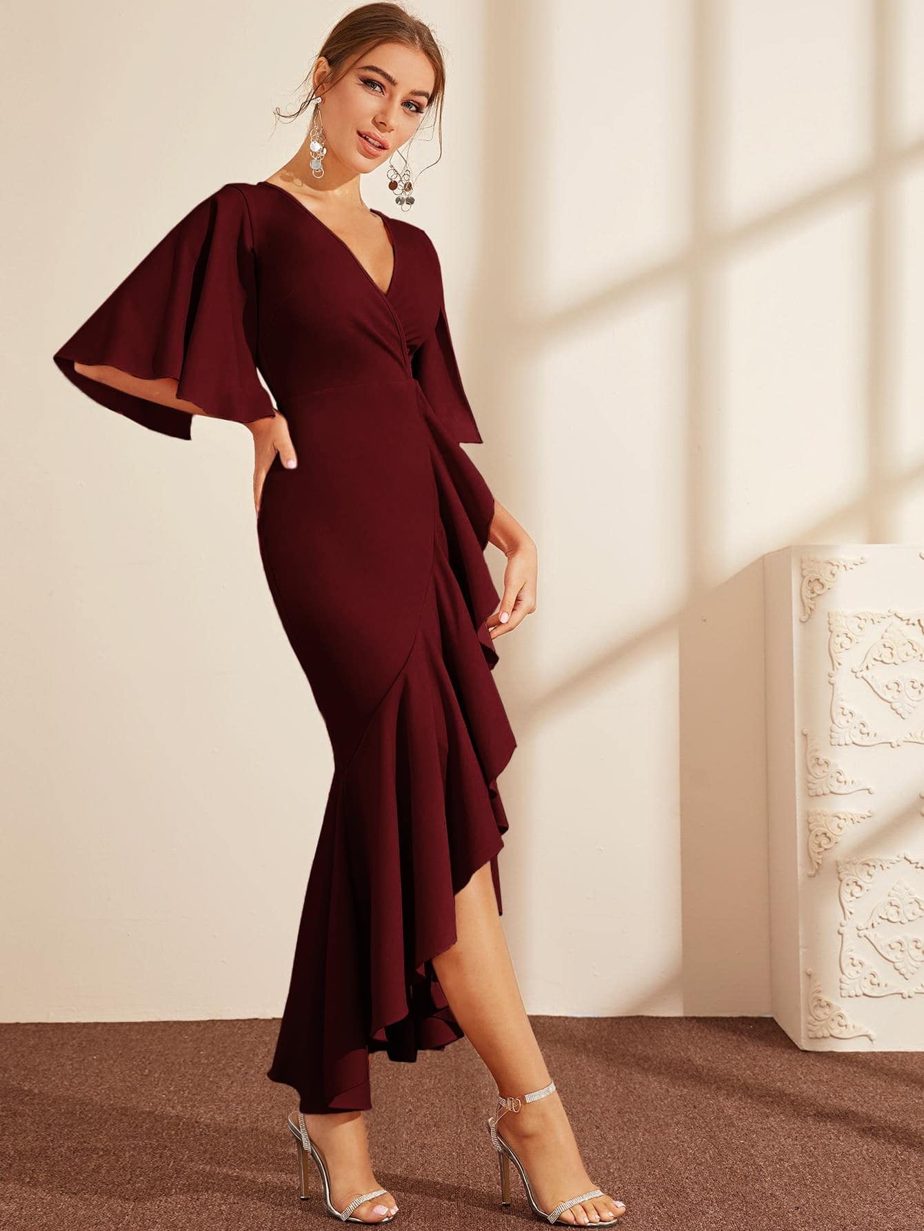 Women's Dresses Cape Sleeve Ruffle Trim Asymmetrical Hem Wrap Dress Dress for Women (Color : Burgundy, Size : X-Small) : Clothing, Shoes & Jewelry