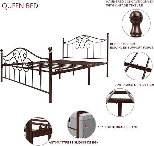 Miniatura 57 de Base de cama de metal Queen con cabecera y estribo, plataforma de granja, marco de cama tamaño Queen para debajo de la cama, no necesita somier y