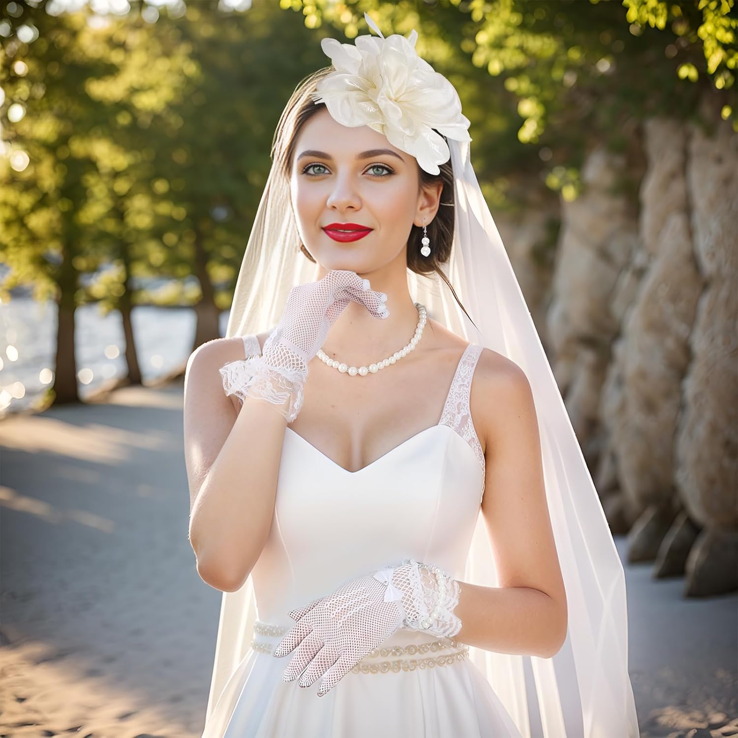 Tea Party Hat Fascinators Headband and Gloves Pearl Set for Women Tea Party Halloween Cocktail Wedding - Image 5