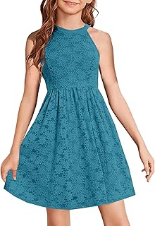 Girls Halter Neck Sleeveless Elegant Floral Lace A-line Flared Swing Party Dress for 6-12 Years Kid - Buy now
