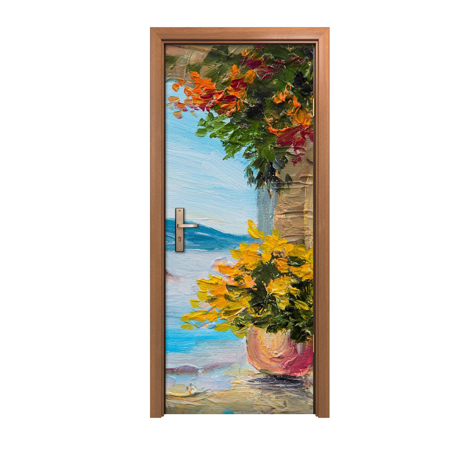 Autocollant de porte 90x200cm motif mer de fleurs pour une décoration murale