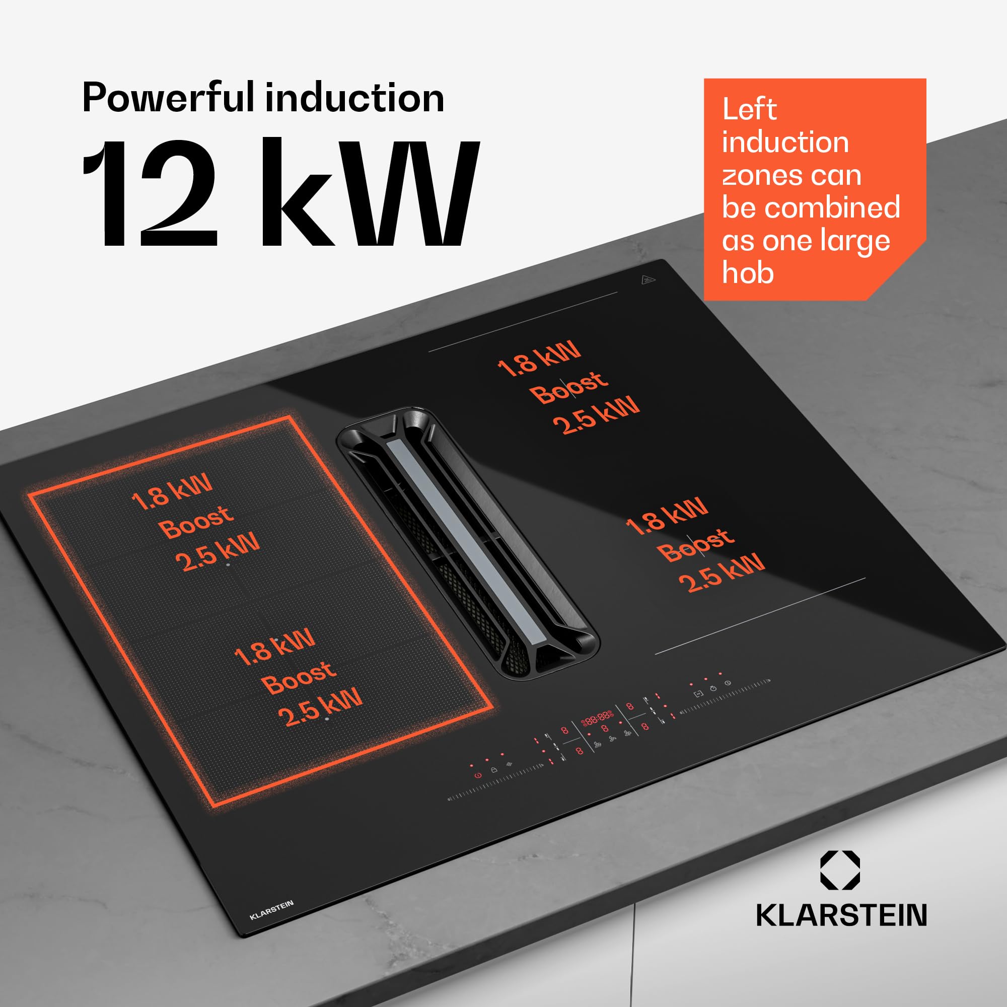 Klarstein AirJet Płyta indukcyjna z okapem - 12 kW, Boost 600 m³/h, Klasa energetyczna A+, 9 stopni, Cicha 52 dB, Panel dotykowy, Bridge-Connect, Filtr aluminiowy, Czarna